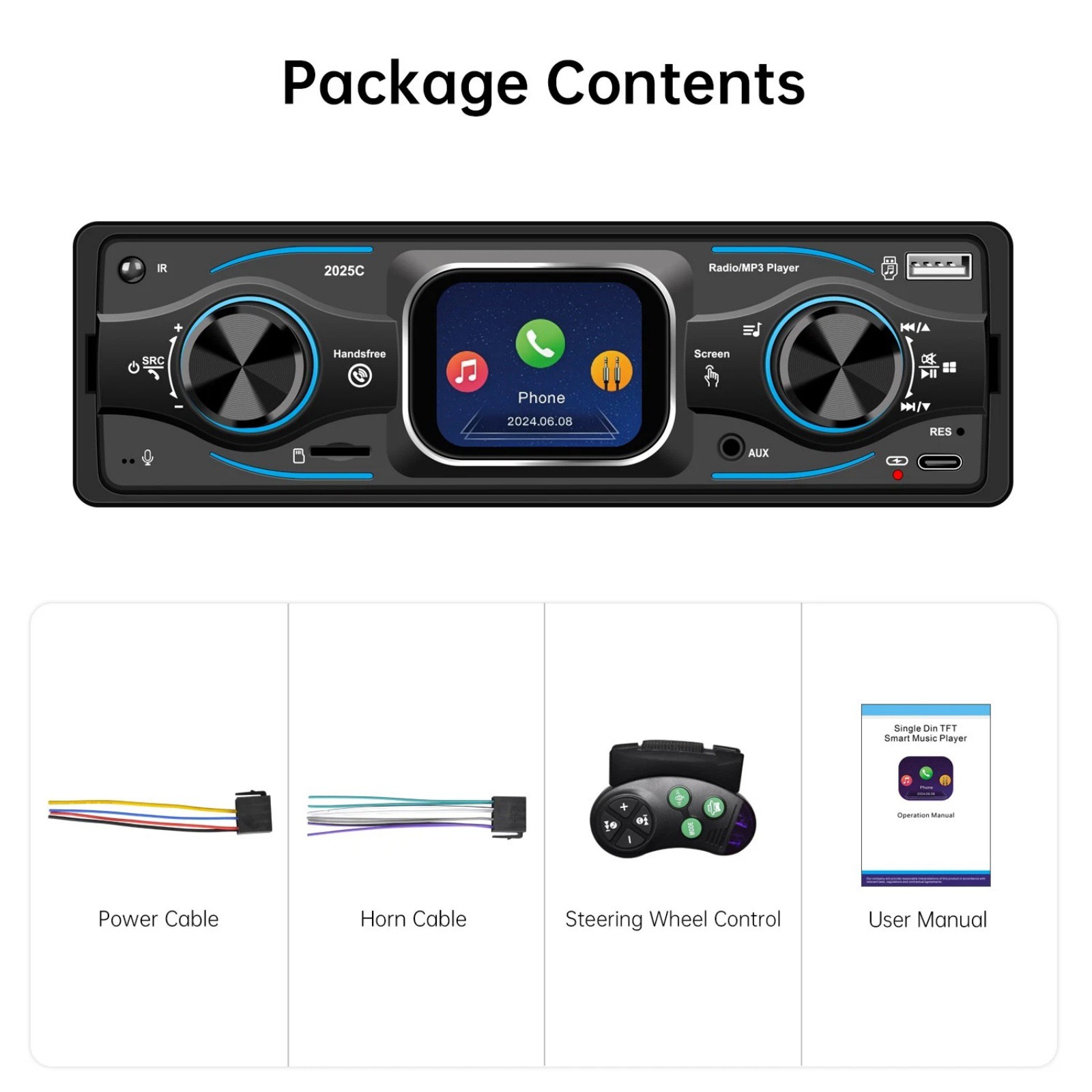 1DIN Car Radio with LED Segment Display, 7 Colors Blue Red Yellow Purple Green