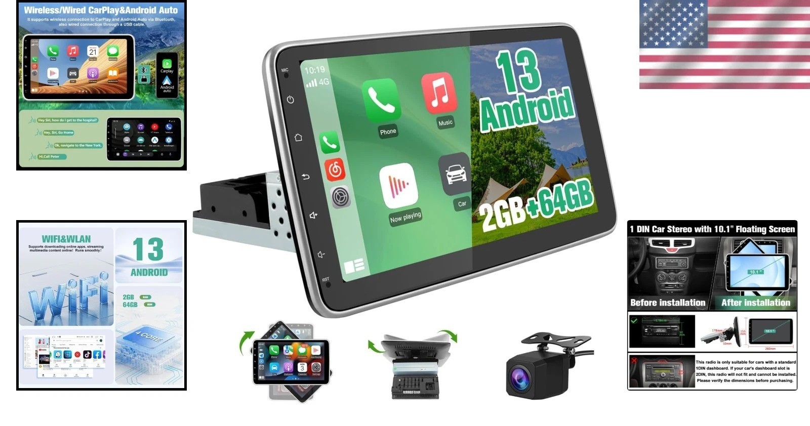 Advanced 10.1 Inch Car Multimedia System, Android 13, Wi-Fi, and Safety Features