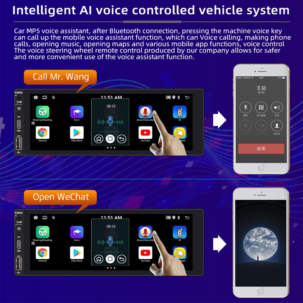 Single Din Android Carplay 6.9″ Bluetooth GPS Touch Screen Car Stereo Radio FM