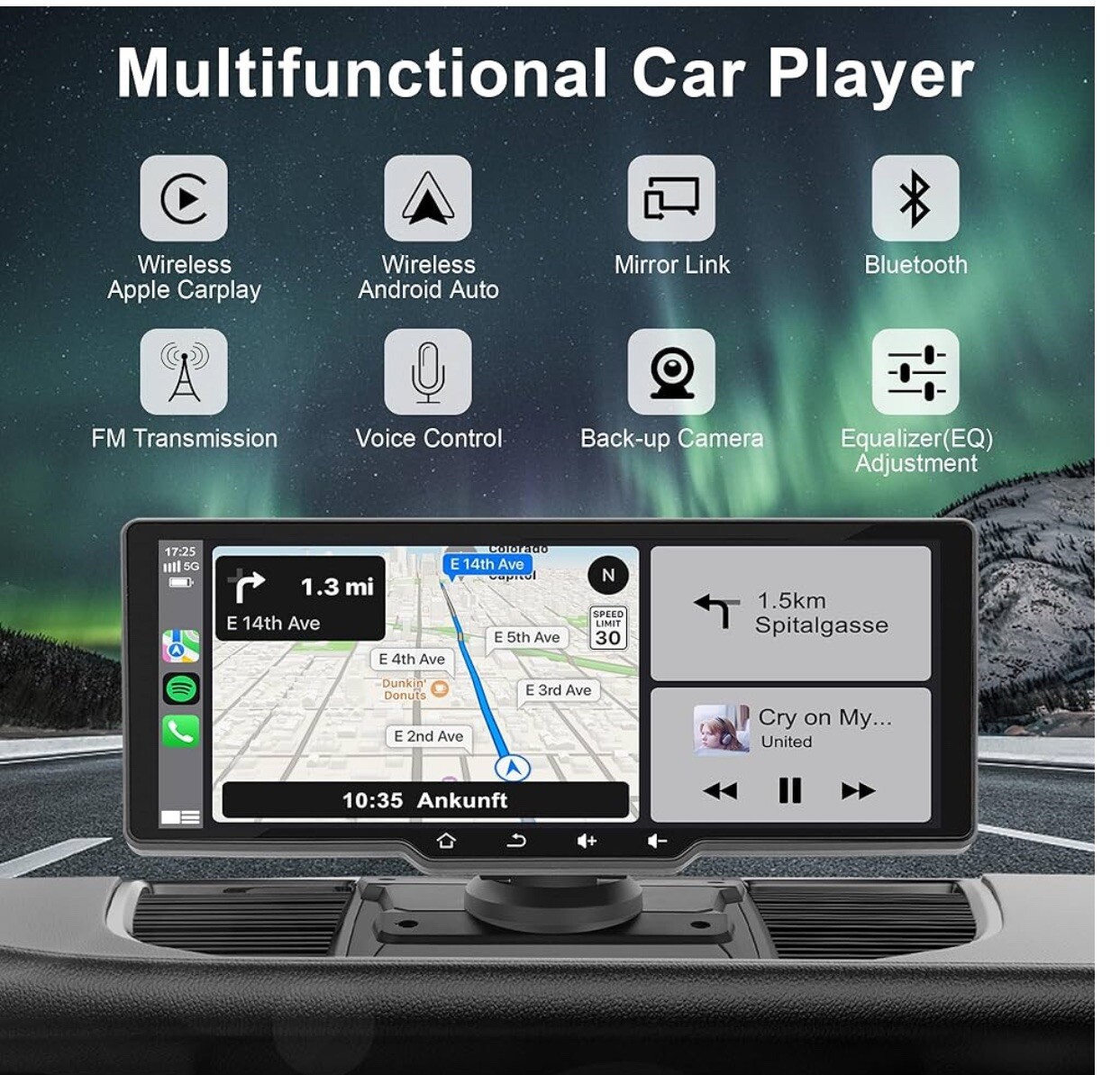 Wireless Portable Carplay Screen for Car, 10.26″ HD IPS Apple Carplay and And…