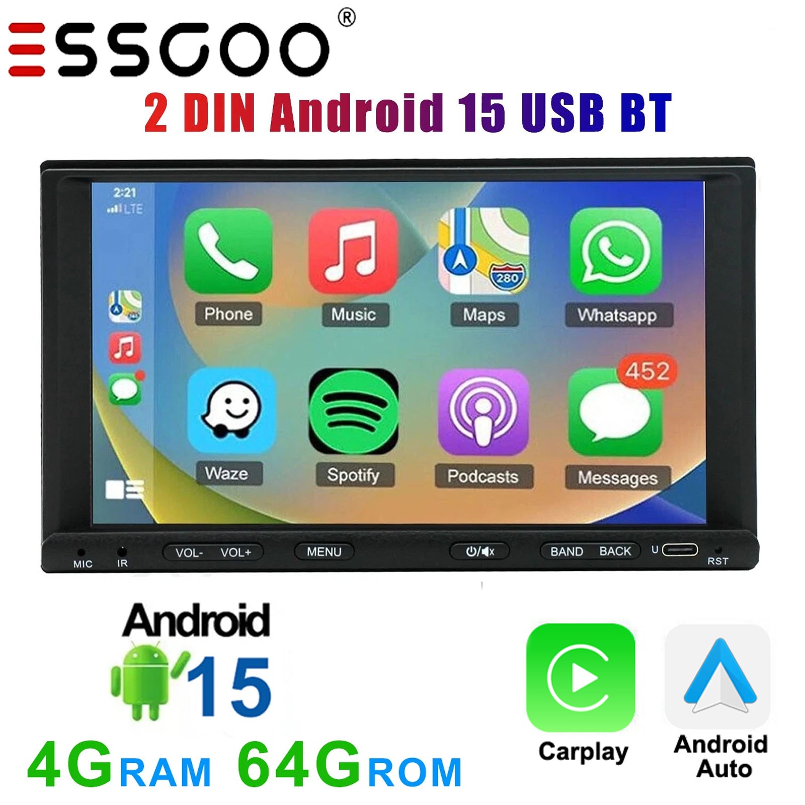 7″ Double DIN Car Stereo Radio Apple Carplay Android 15 4+64GB GPS FM Head Units