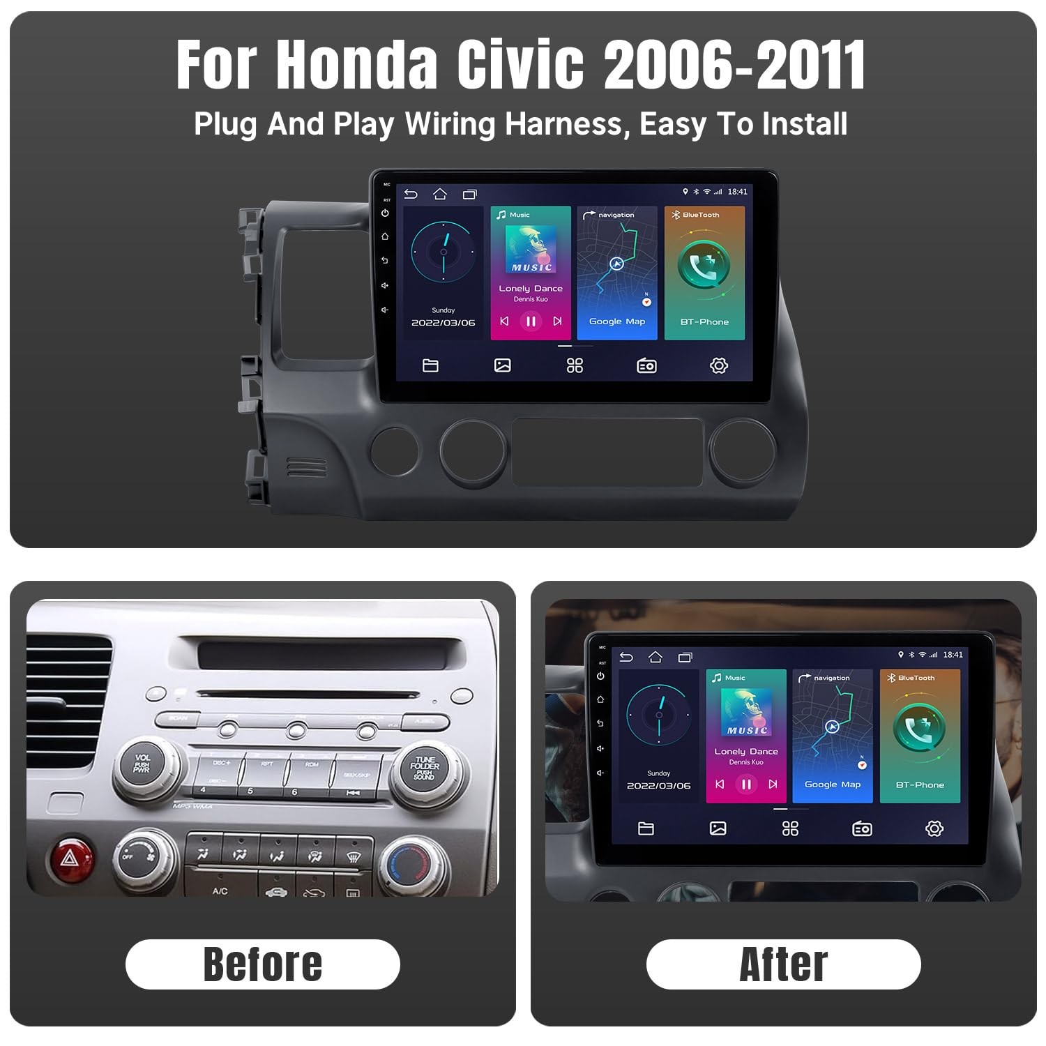 Leadfan Car Radio For Honda Civic 2006 2007 2008 2009 2010 2011 Stereo Wireless