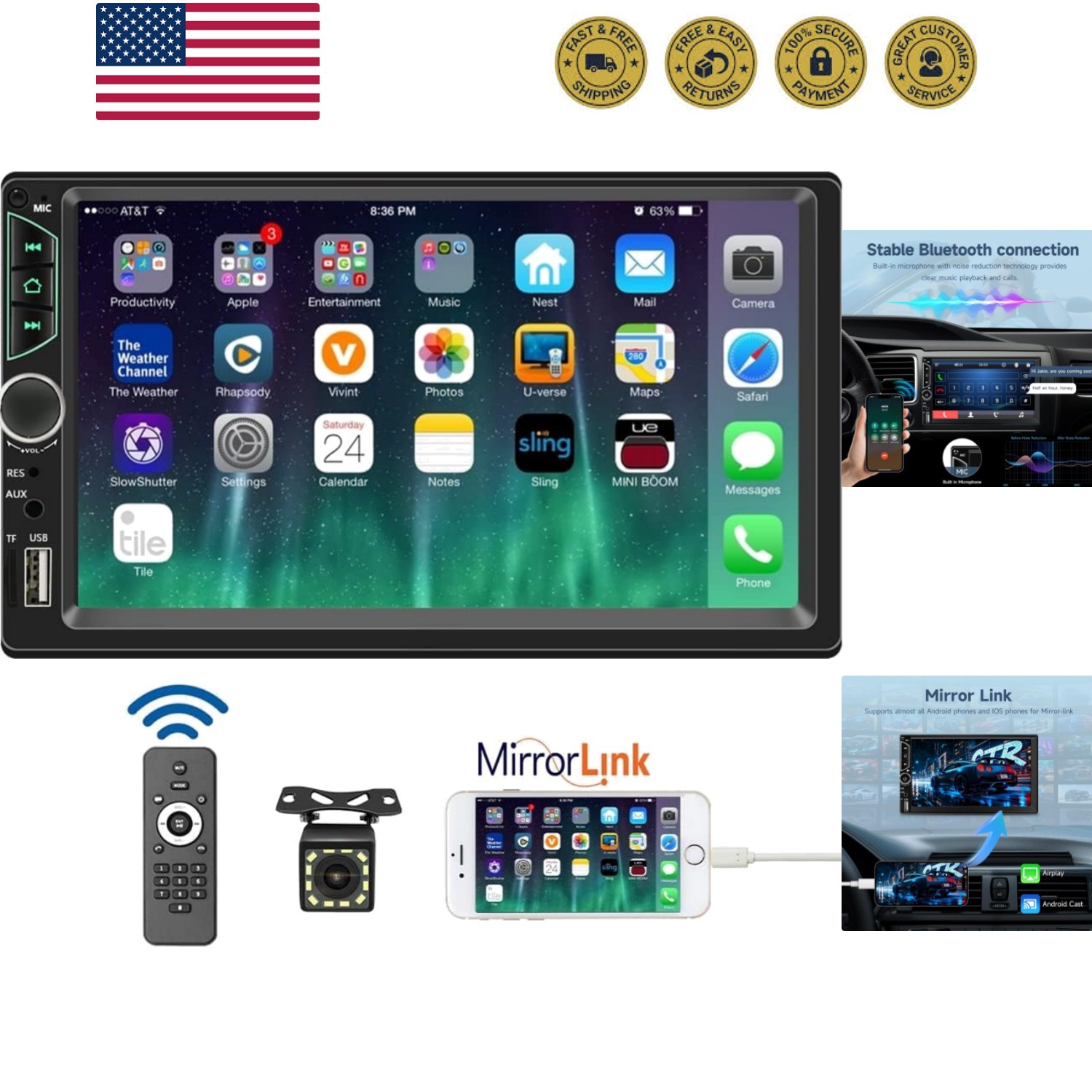 7inch Car Stereo Double Din Radio Touchscreen with Backup Camera Multimedia C…