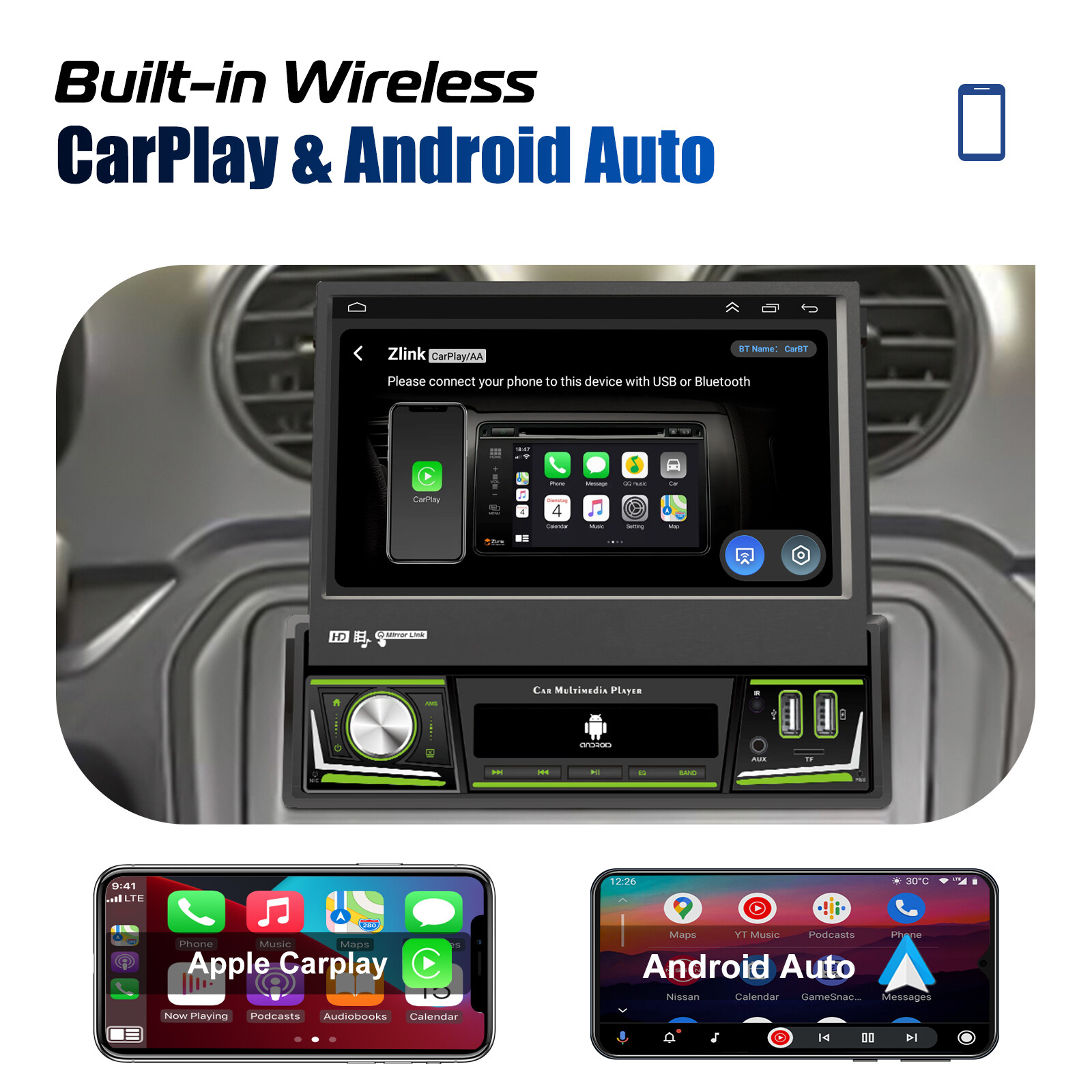 4+64G 1 DIN 7″ Flip Out Android 13 Carplay Car Stereo Radio GPS Navi WIFI FM Cam