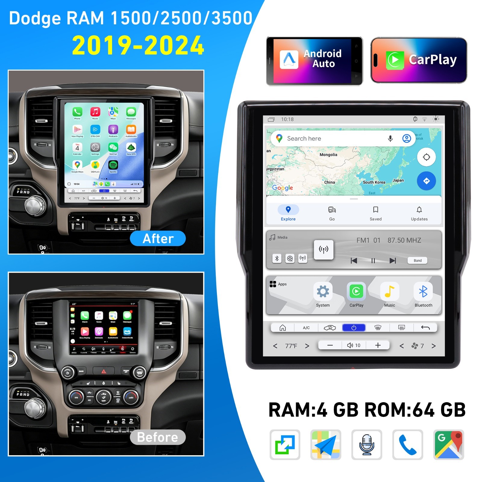 Car Radio Stereo for Dodge Ram 2019-2024 1500 2500 3500 Wireless Carplay/Android