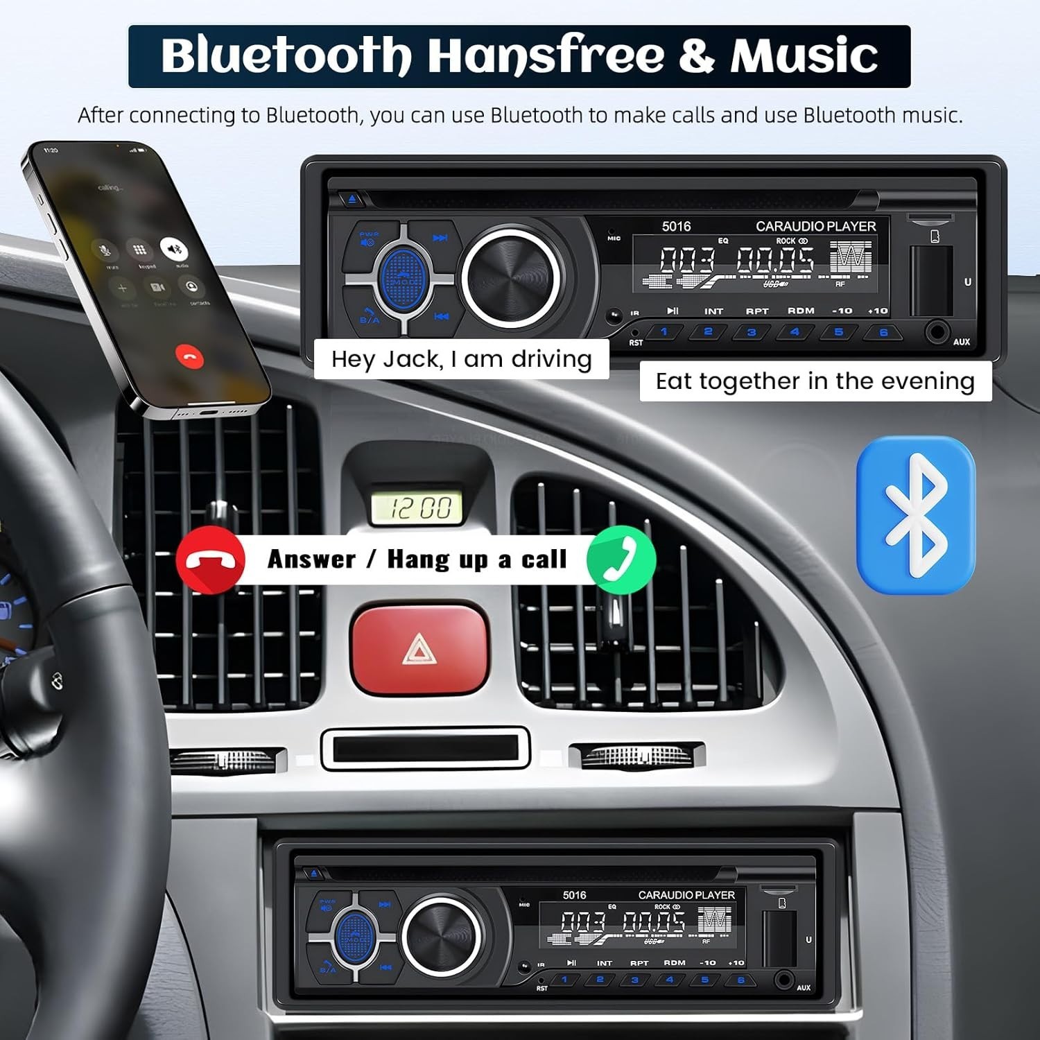 Bluetooth CD Car Stereo with USB Port – AM/FM Radio, MP3 Player, High Contras…