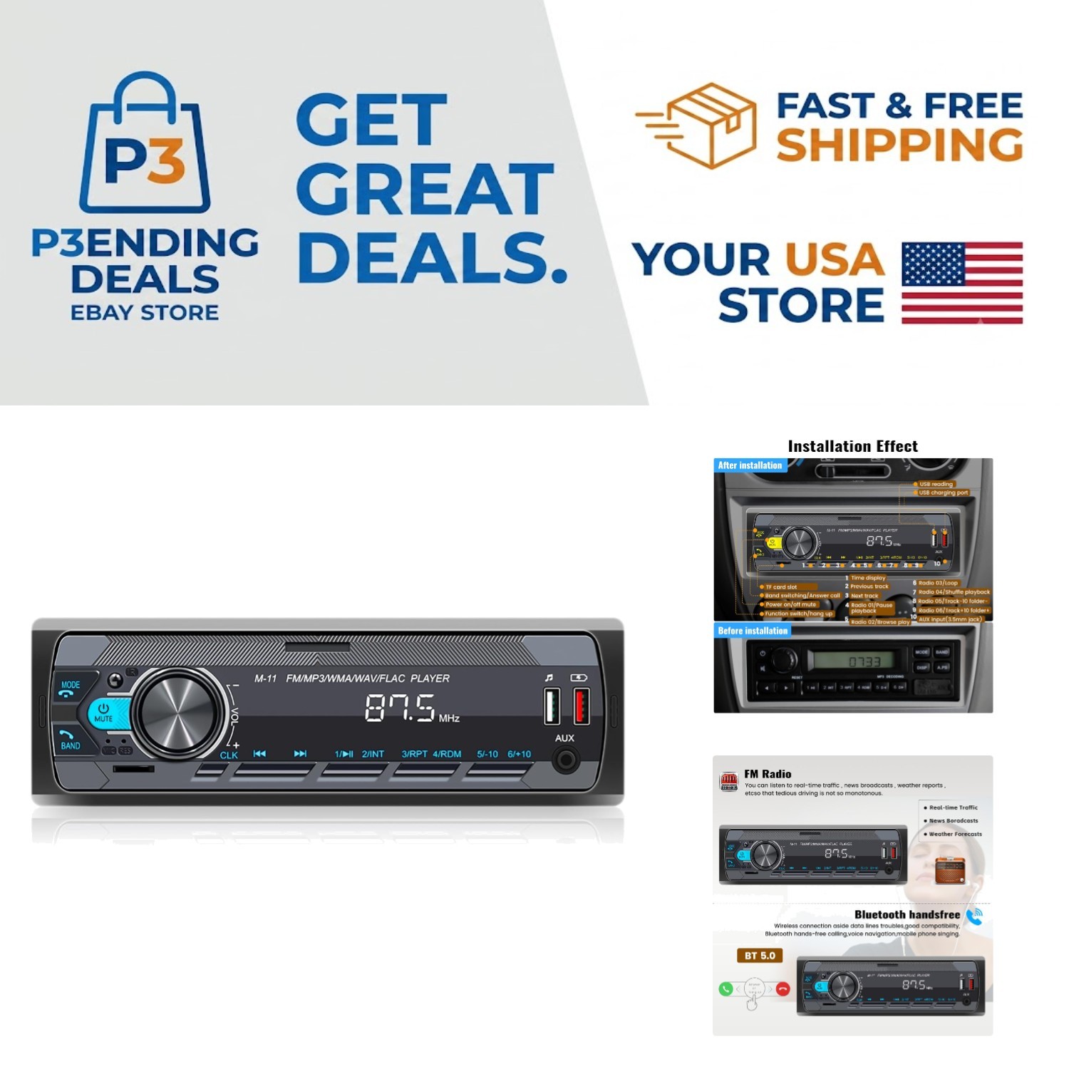 1 Din Car Stereo with Bluetooth 5.0, FM Radio & 7 Color Lights – Remote Control