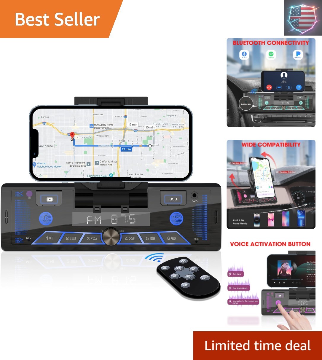 Single-Din Stereo with Car Phone Holder – Bluetooth Car Radio – Push to Talk …