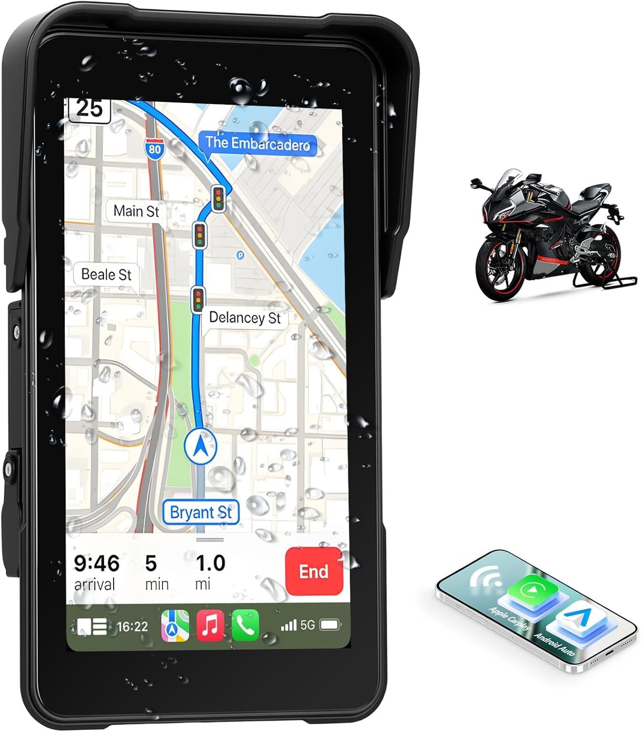 5 inch IPS Touch Screen Motorcycle GPS Wireless Portable CarPlay& P2-5