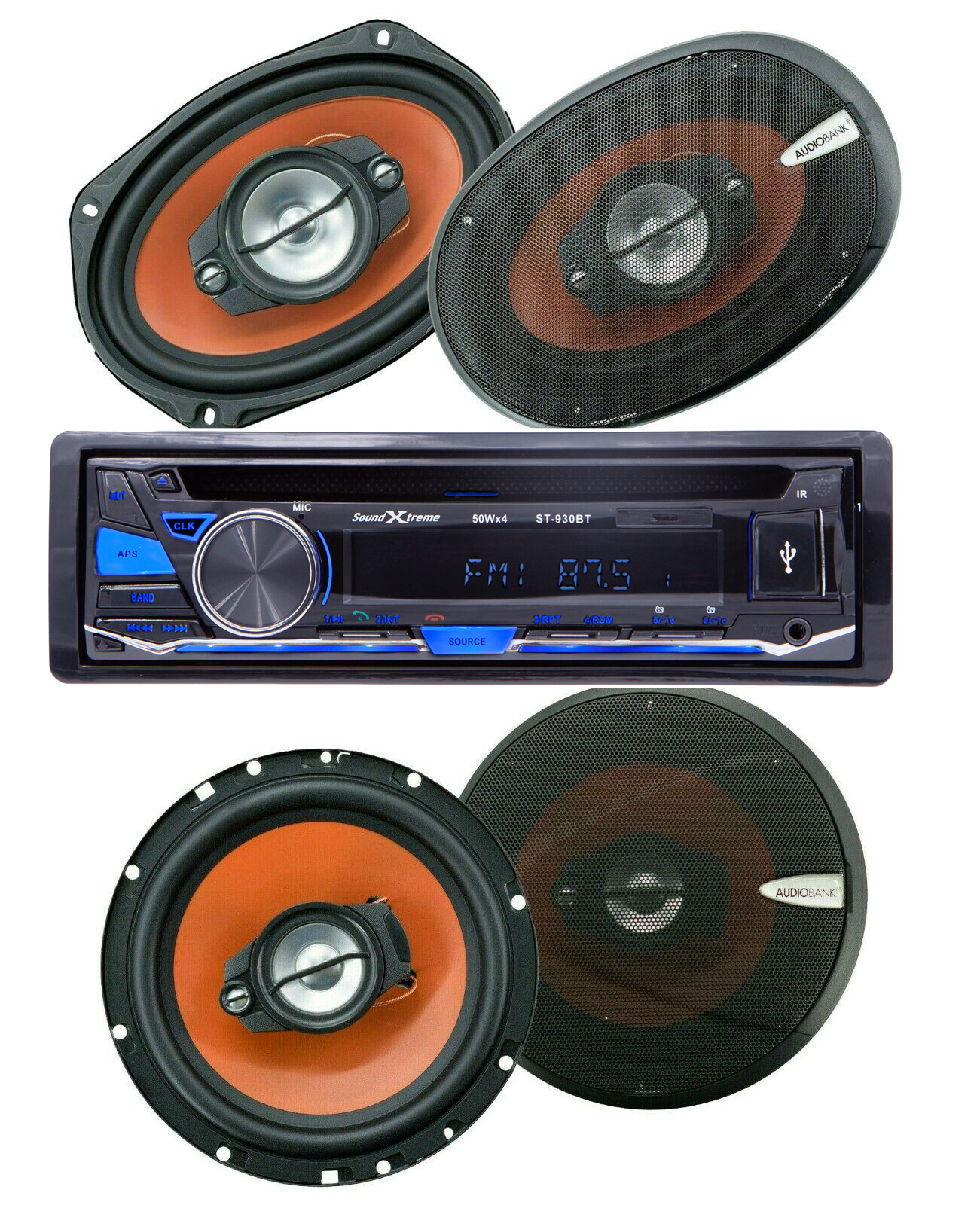 SoundXtreme Bluetooth Car Receiver USB SD FM +4x Audiobank 6×9″ & 6.5″ Speakers