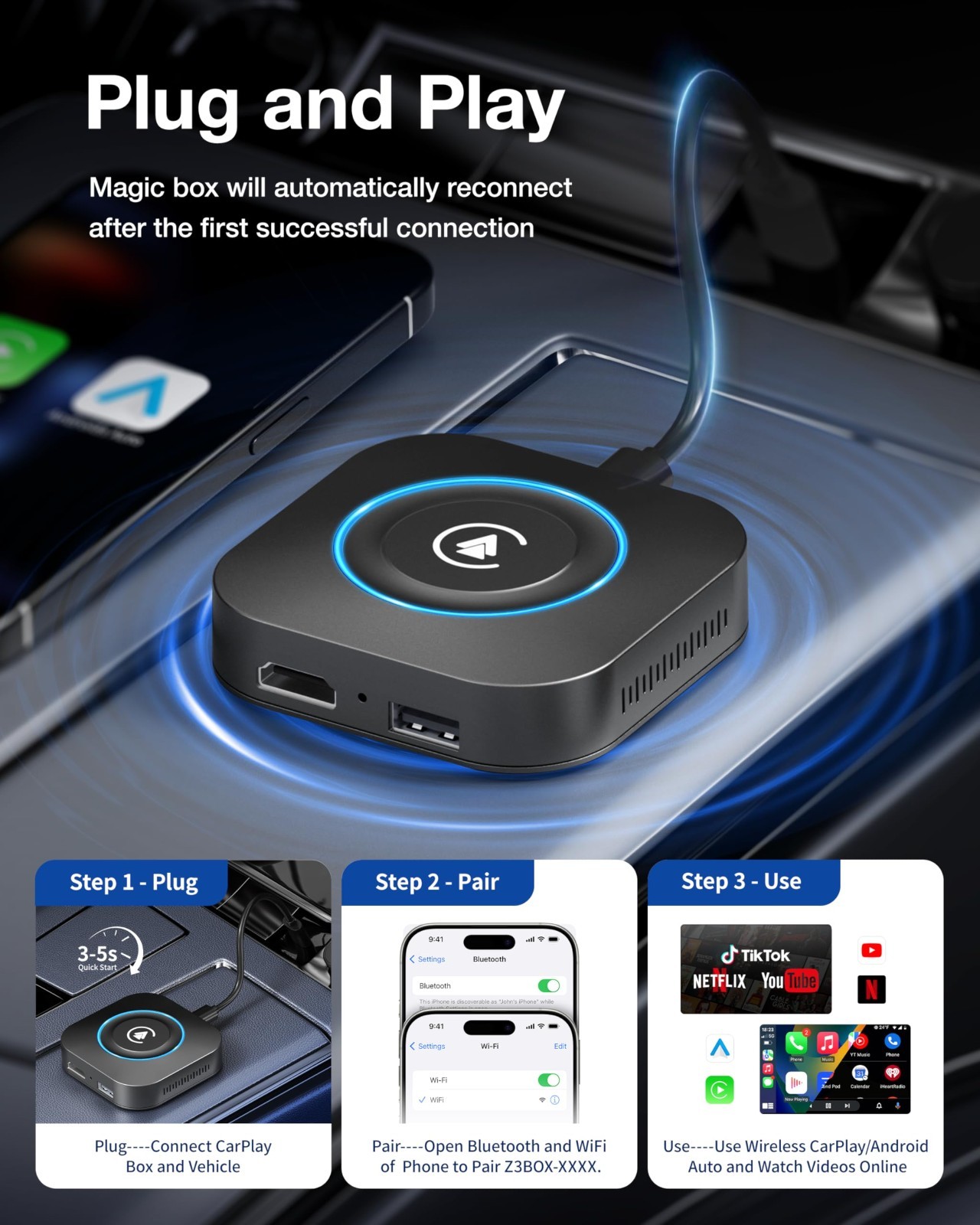 Wireless CarPlay Adapter, AI Box for Android Auto, Streaming Video, USB Media, S