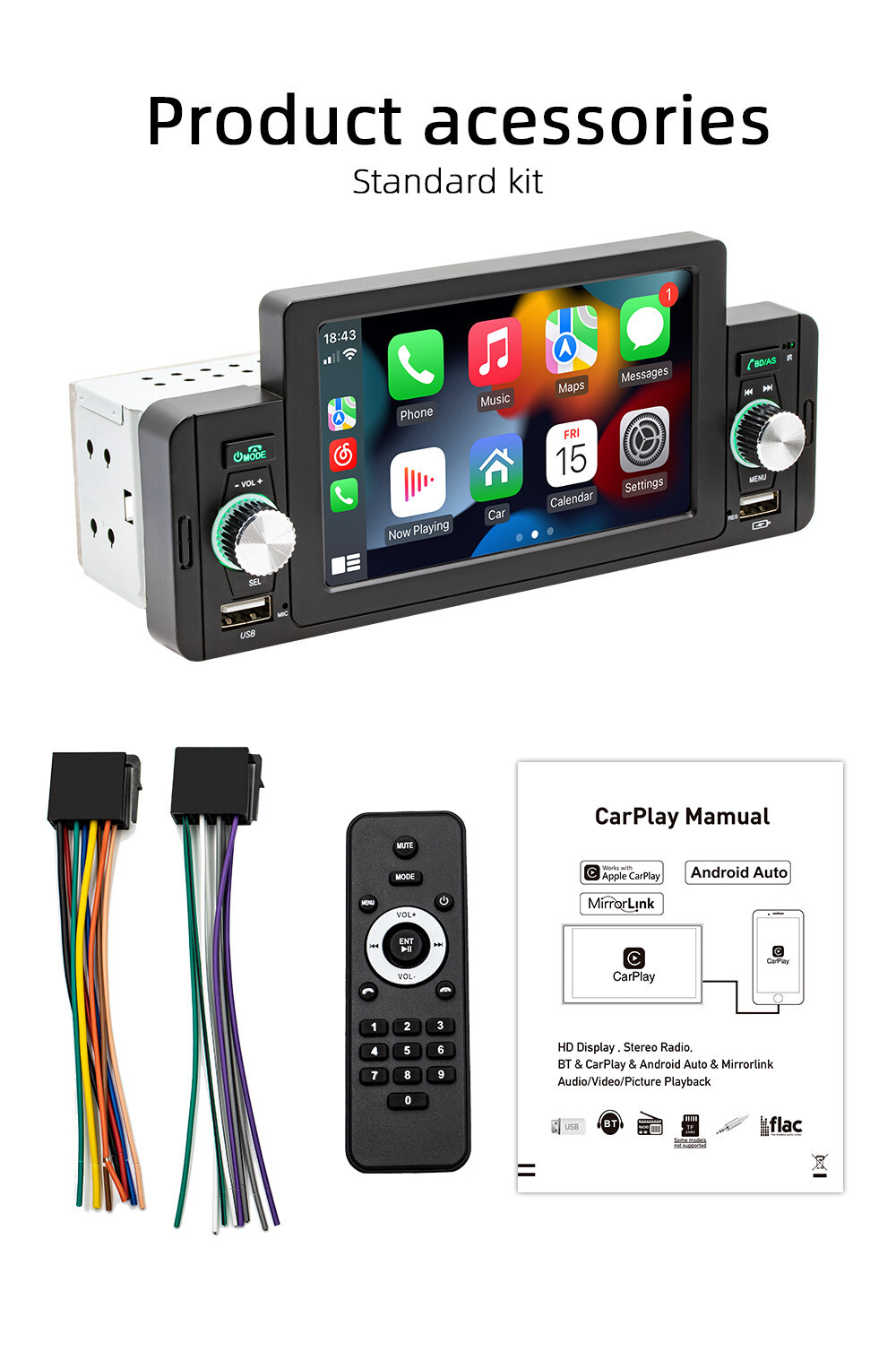 5 in Car Multimedia Player Stereo Radio Bluetooth For Apple Carplay Android Auto