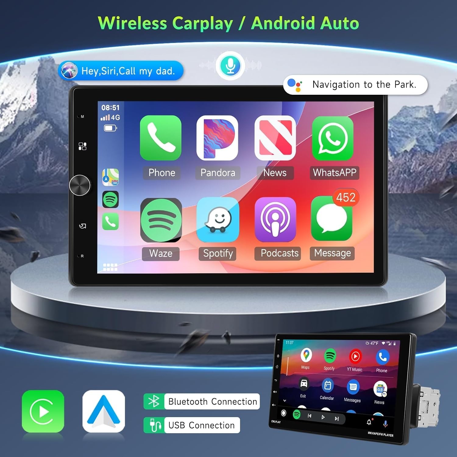 10.4″ Single Din Touchscreen Car Stereo with Wireless Carplay& Android Auto, …