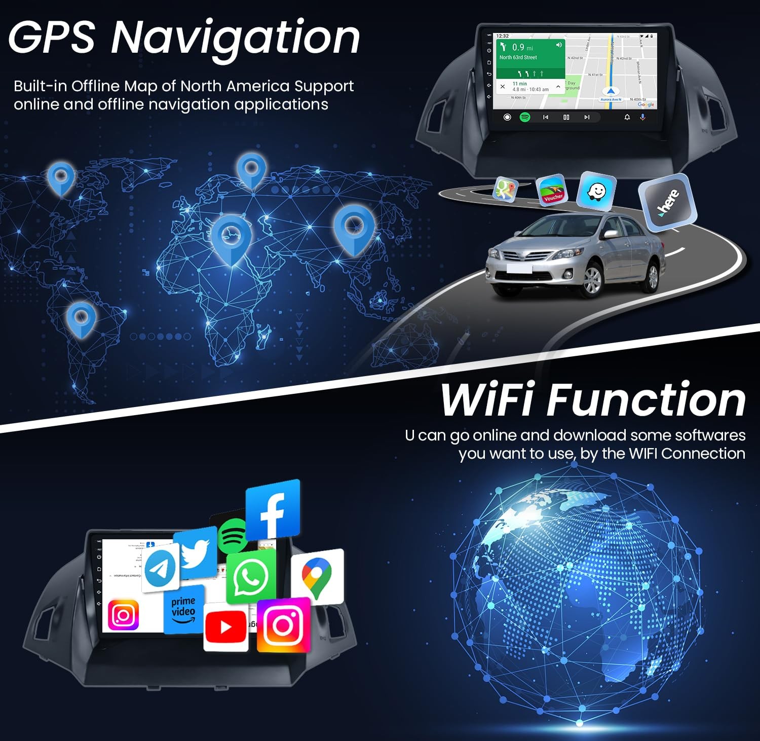 4+64G For Ford Escape 2013-19 Android AUTO Car Radio Stereo Carplay Nav 1280*800