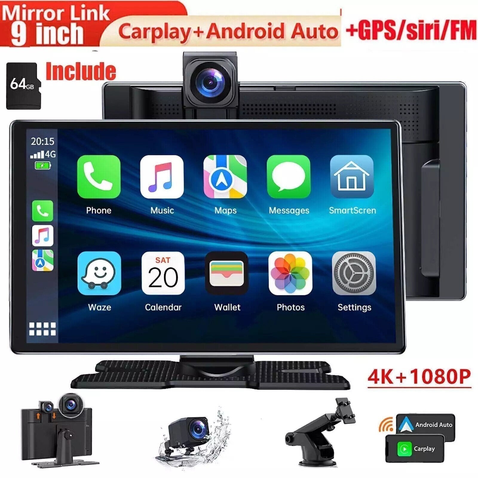 4K Dash Cam Wireless 9″Car Stereo Radio Apple Carplay&Android Auto+1080P Camera