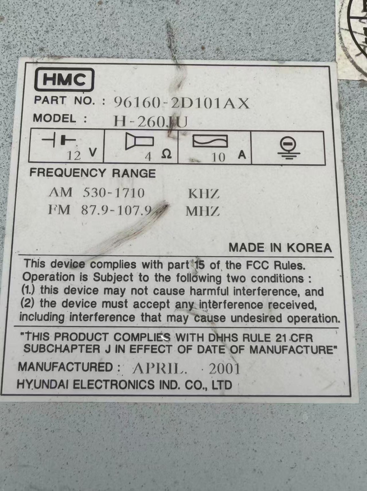 Hyundai Factory CD FM/AM Radio Part No. 96160-2D101AX H-260JU