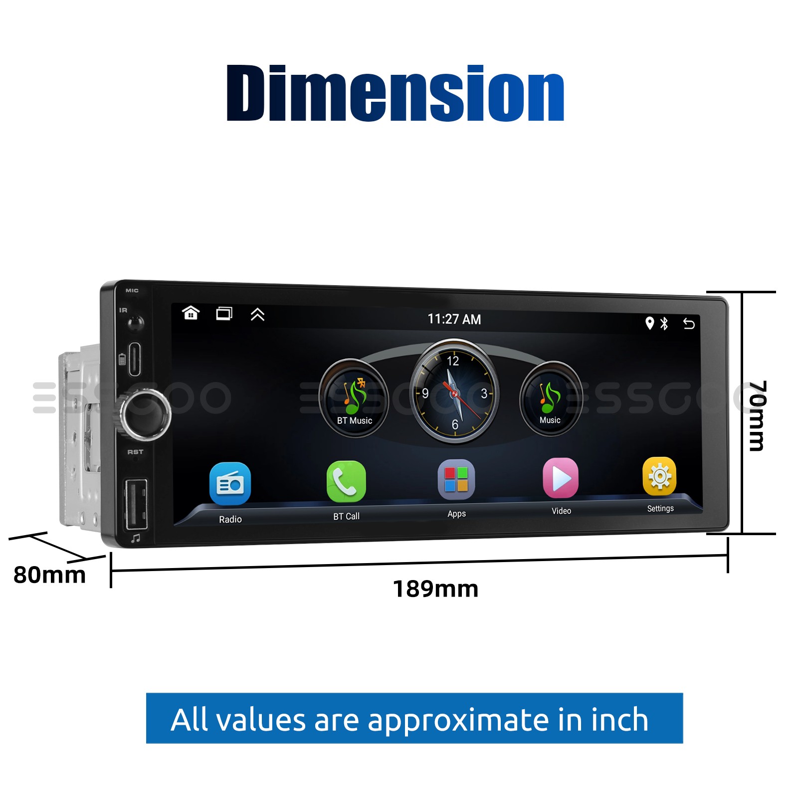 Single 1Din 6.86″ Touch Screen Stereo Bluetooth Radio Car Apple/Android Carplay