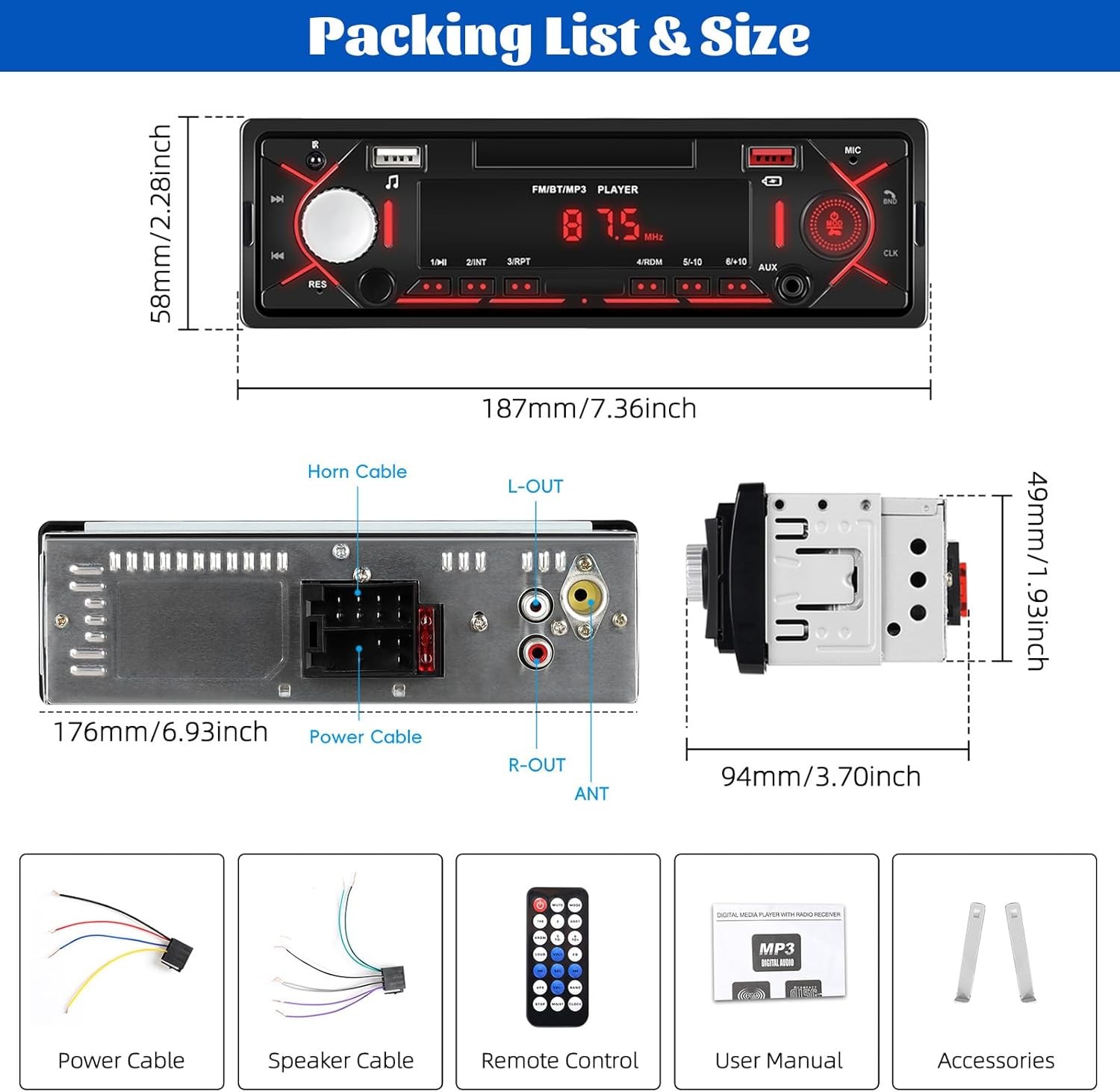 Single DIN Bluetooth Car Stereo MP3 USB FM AUX Hands Free