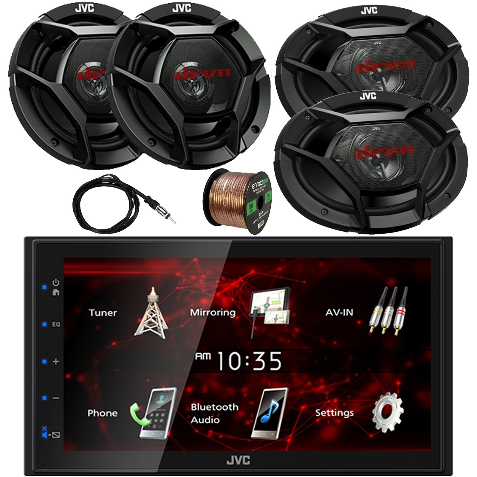JVC 6.8″ Touchscreen Radio, 2x 6.5″ Speaker, 2x 6×9″ Car Speakers, Antenna, Wire