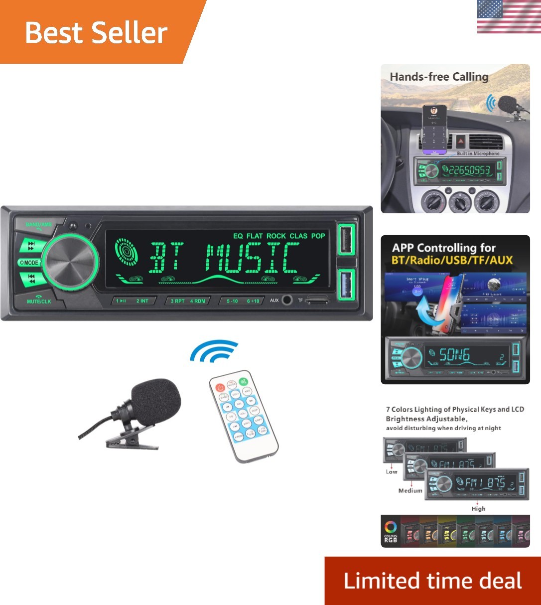 Single DIN Bluetooth Car Stereo – Fast Charging, AUX Input & APP Functionality