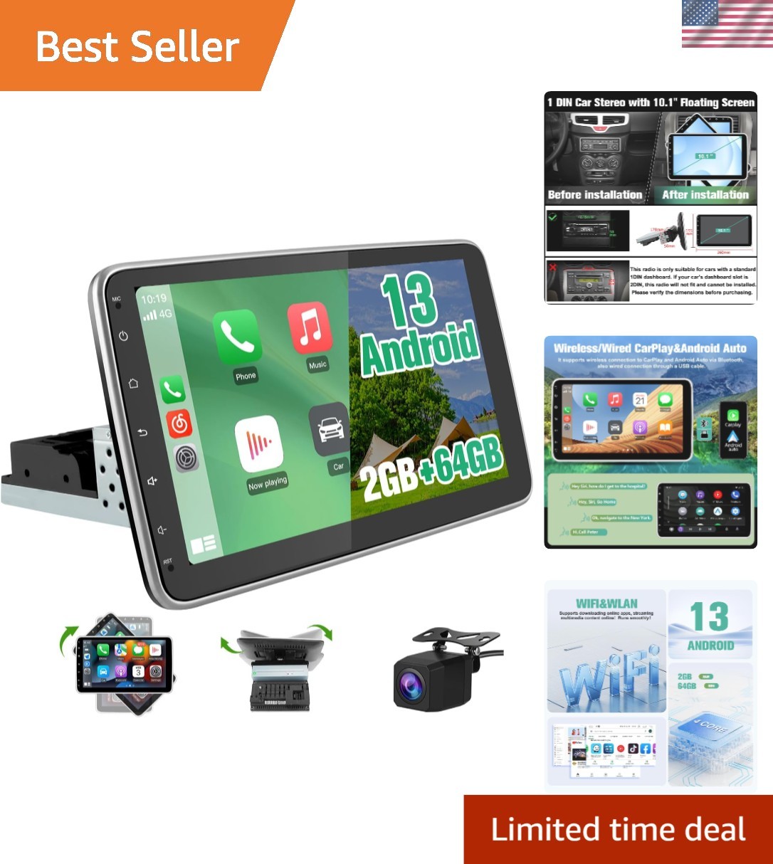 Advanced 10.1 Inch Car Multimedia System, Android 13, Wi-Fi, and Safety Features