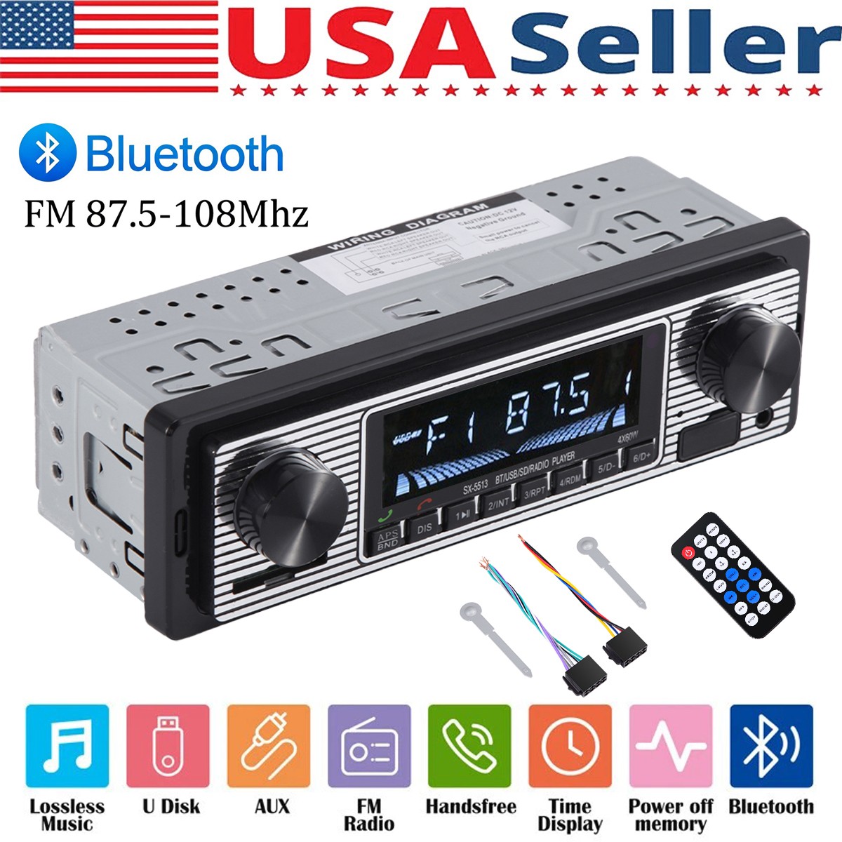 Bluetooth Vintage Car FM Radio MP3 Player USB Classic Stereo Audio Receiver AUX