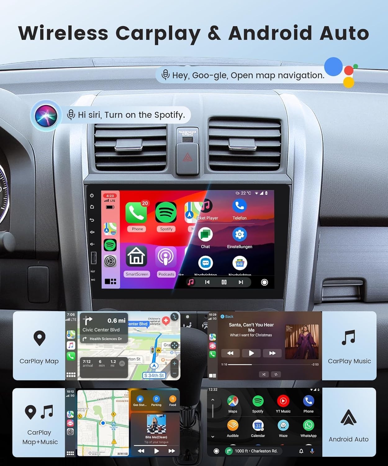 Single DIN Wireless CarPlay & Android Auto IPS Touchscreen Stereo, 9-Inch Blu…