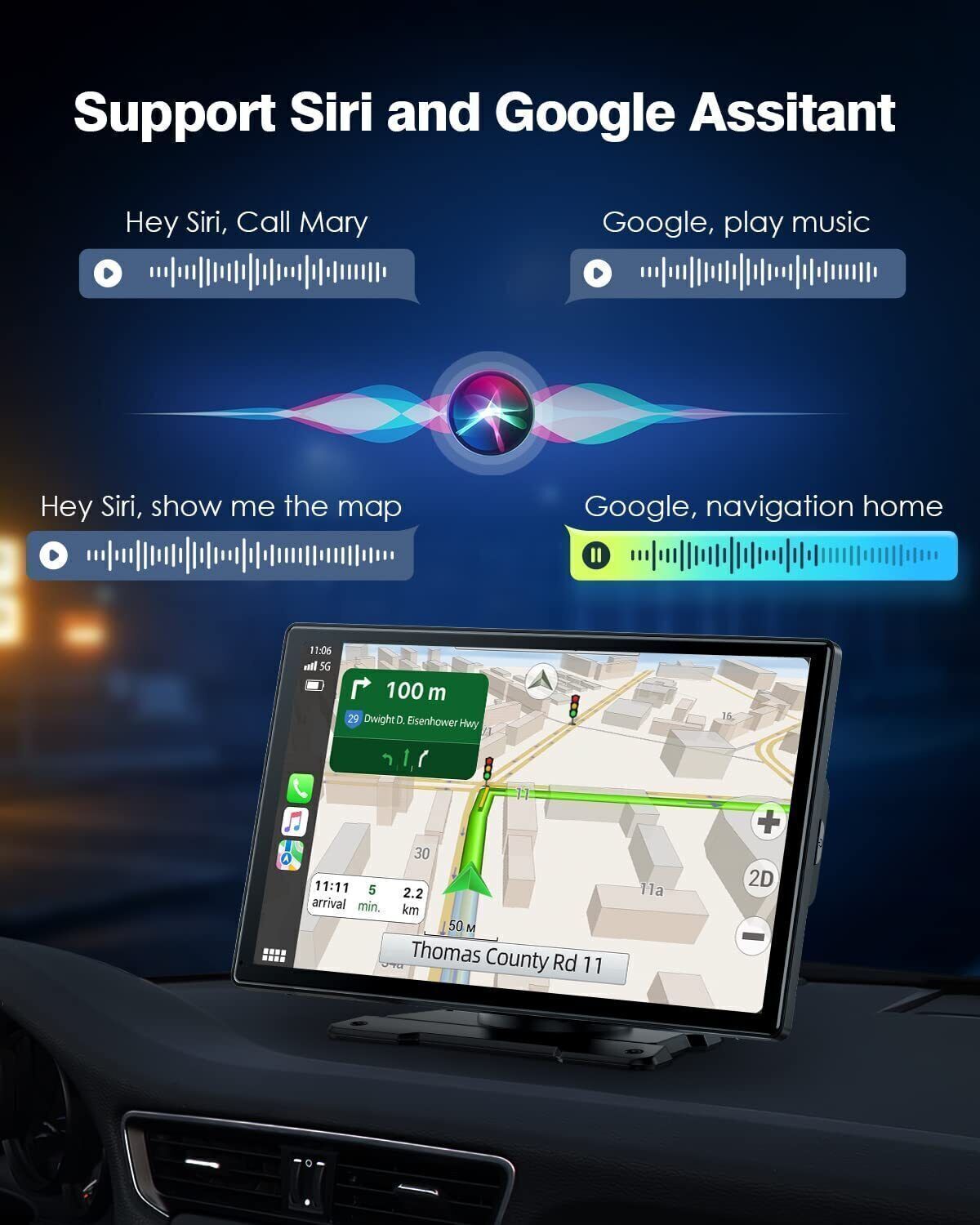 9″Portable Car Stereo Radio Wireless Apple Carplay/Android Auto Touch Screen GPS