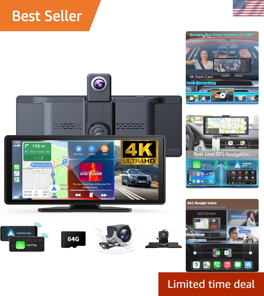 High-Definition 4K Carplay Screen with Voice Control & Backup Camera Options