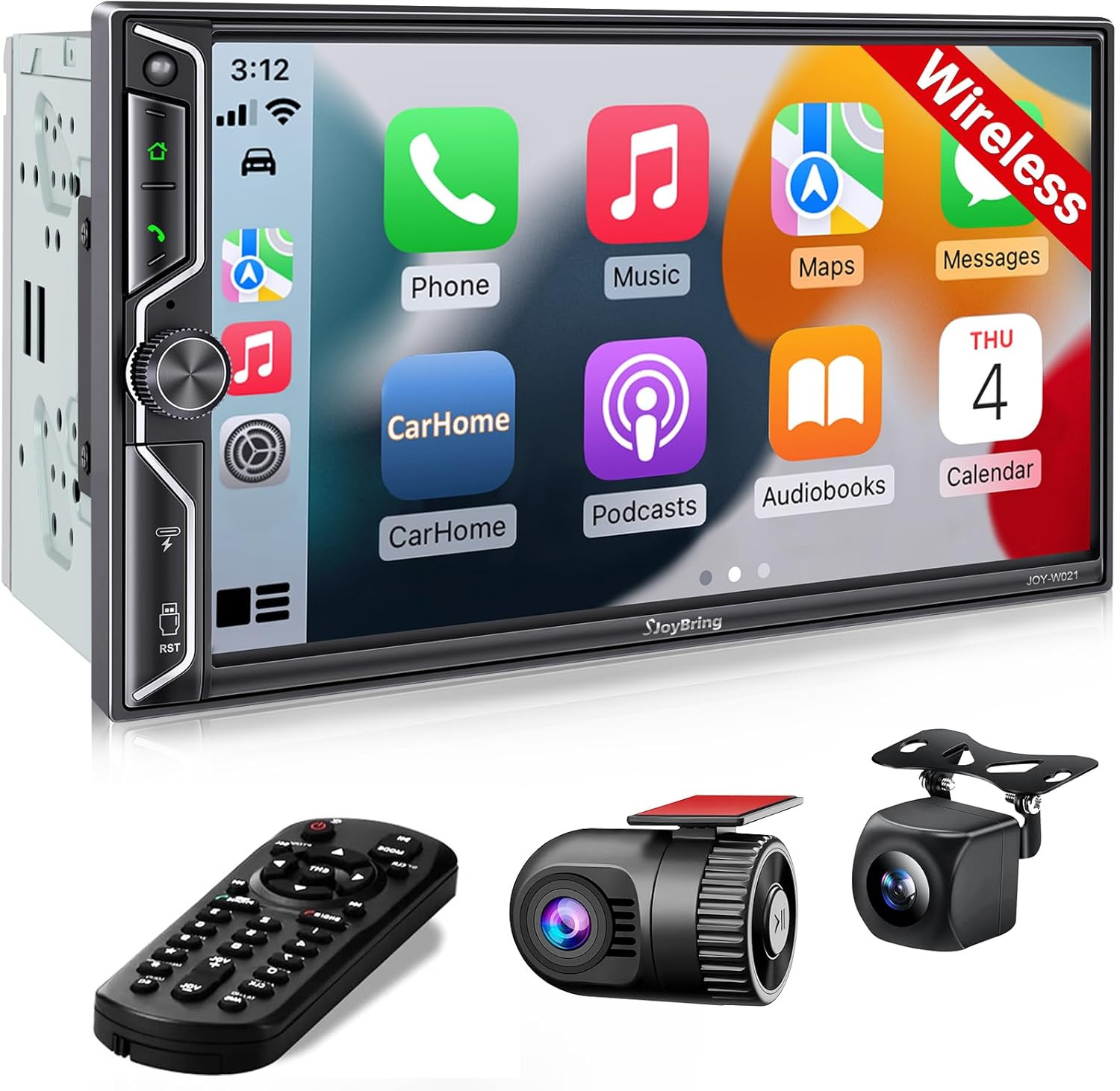 Sjoybring [QLED Screen Upgrade] 7″ Double Din Car Stereo with Dash Cam, Wireless