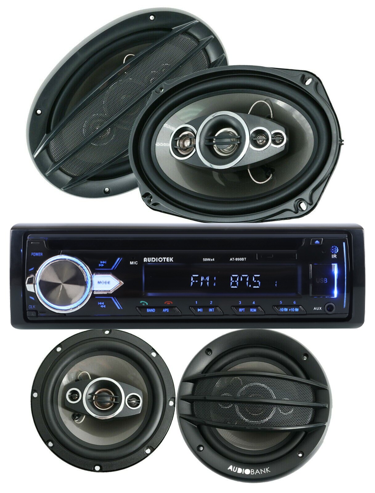Audiotek Car Stereo CD Bluetooth Receiver + Audiobank 6.5 & 6X9 Coaxial Speakers