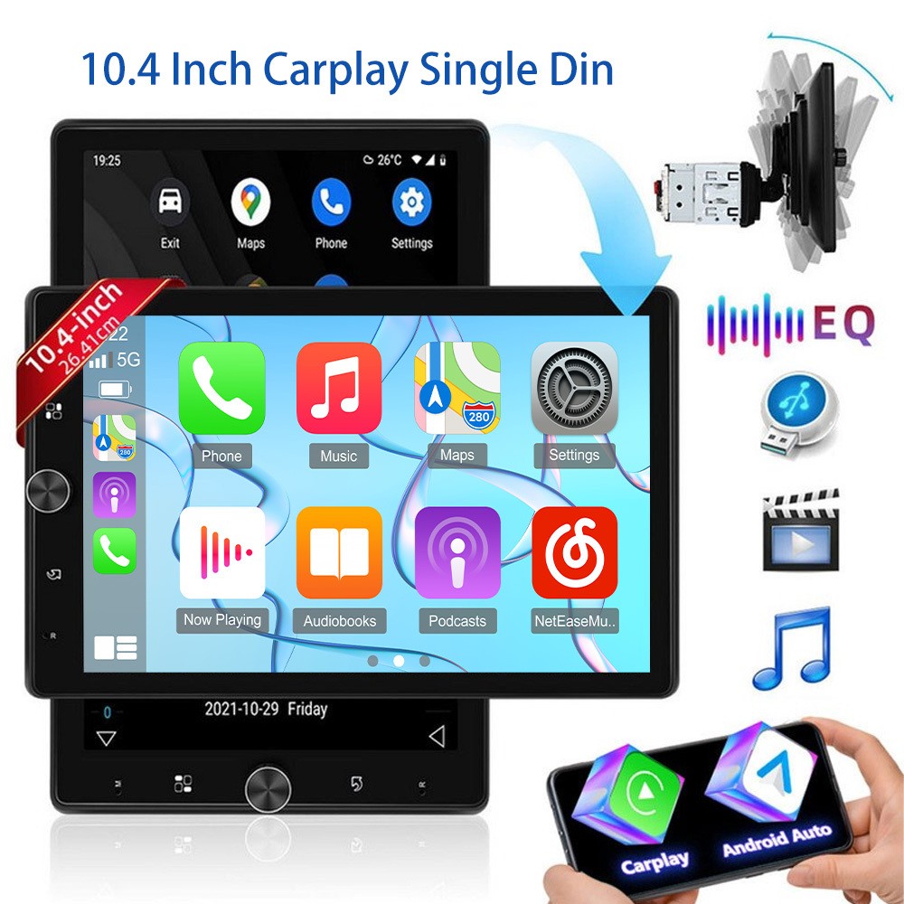 10.4″ Single 1 Din Touch Screen Stereo Bluetooth Radio Car Apple/Android Carplay