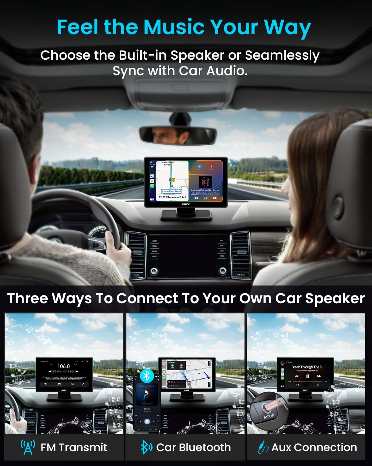 IK5 9″ Wireless Apple Carplay & Android Auto Screen, Portable Car Stereo with 4K