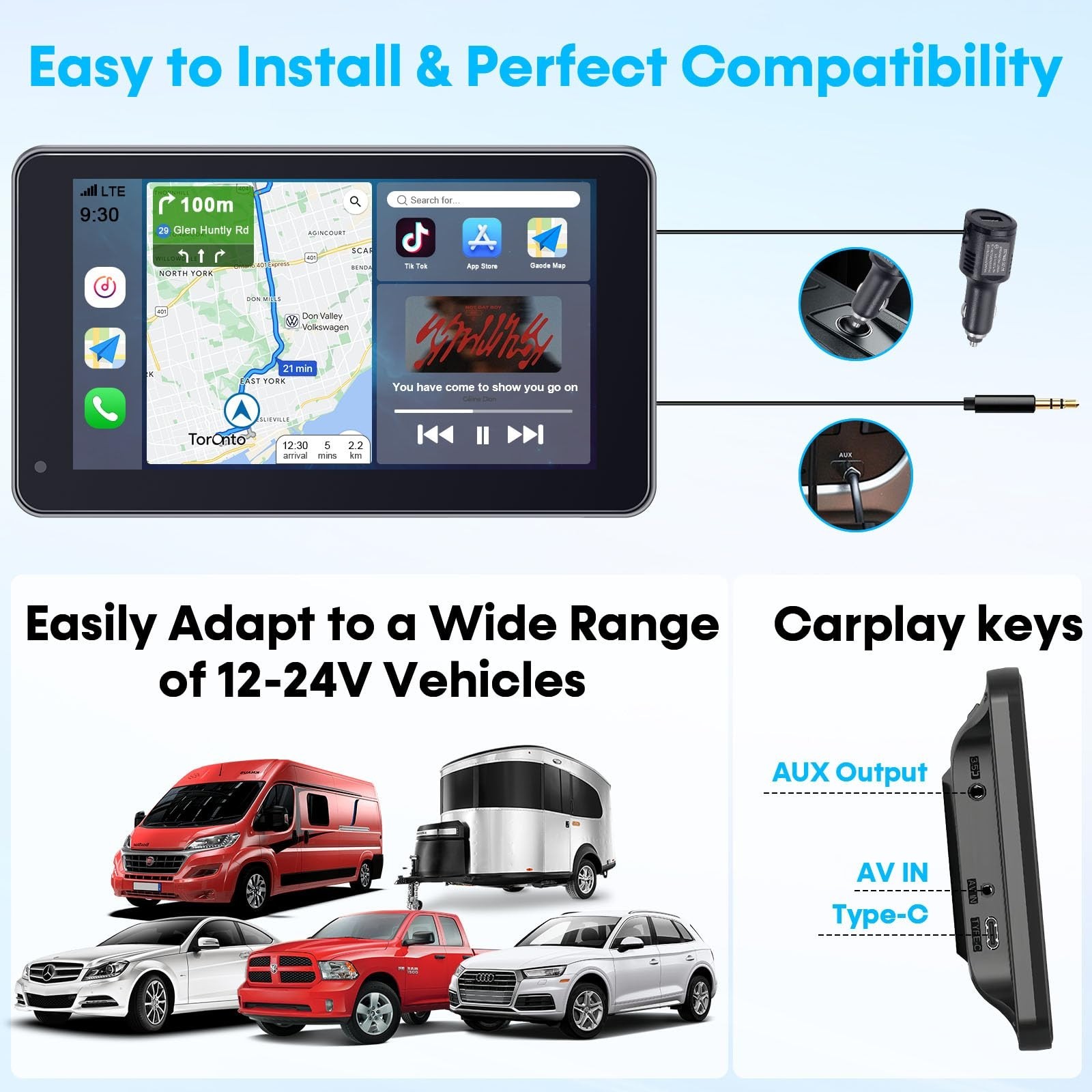 7-Inch HD 1080P Portable Wireless Carplay Screen – Easy Install, Voice Control,
