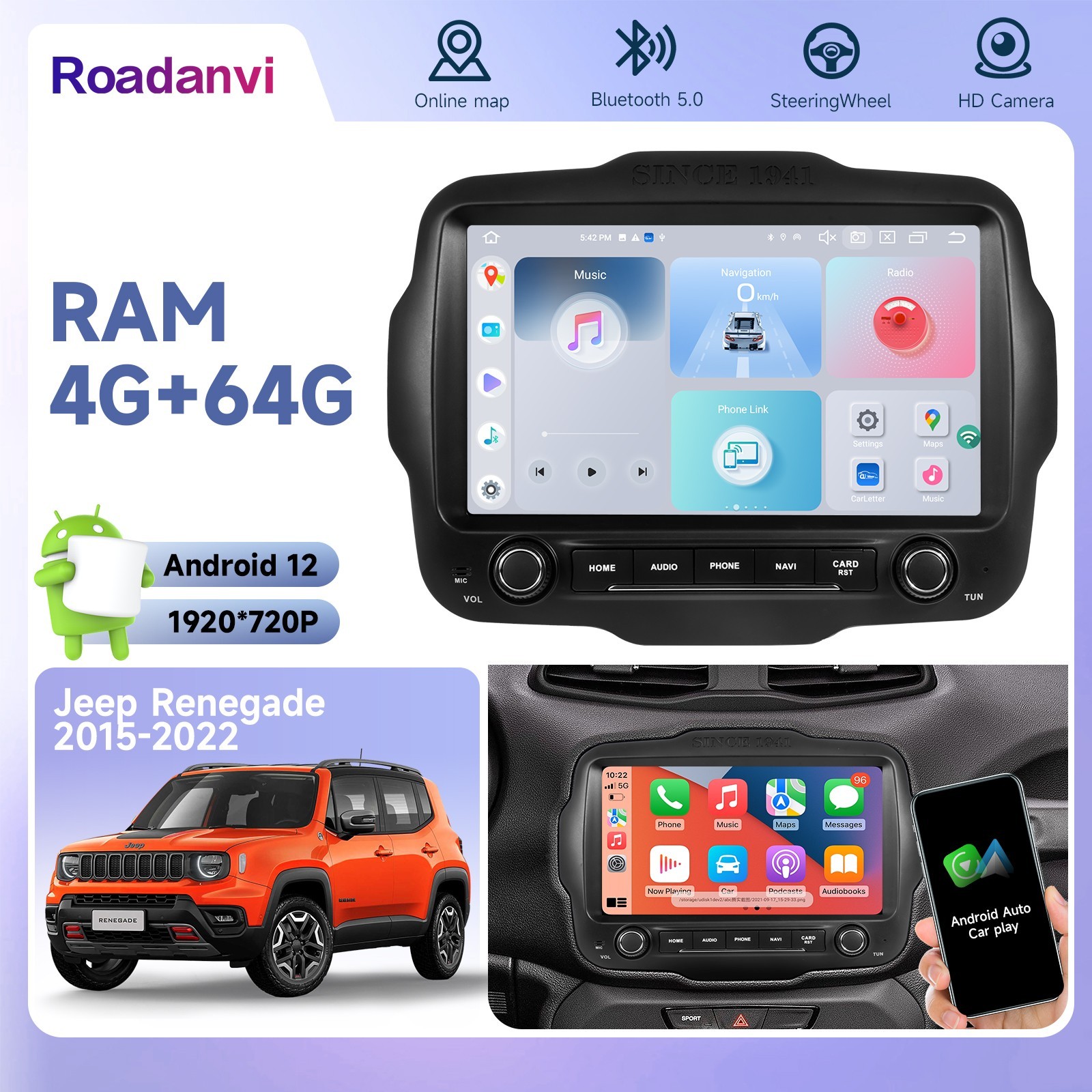 Roadanvi Car Radio for Jeep Renegade 2015-2022 CarPlay Android 12 Stereo GPS BT