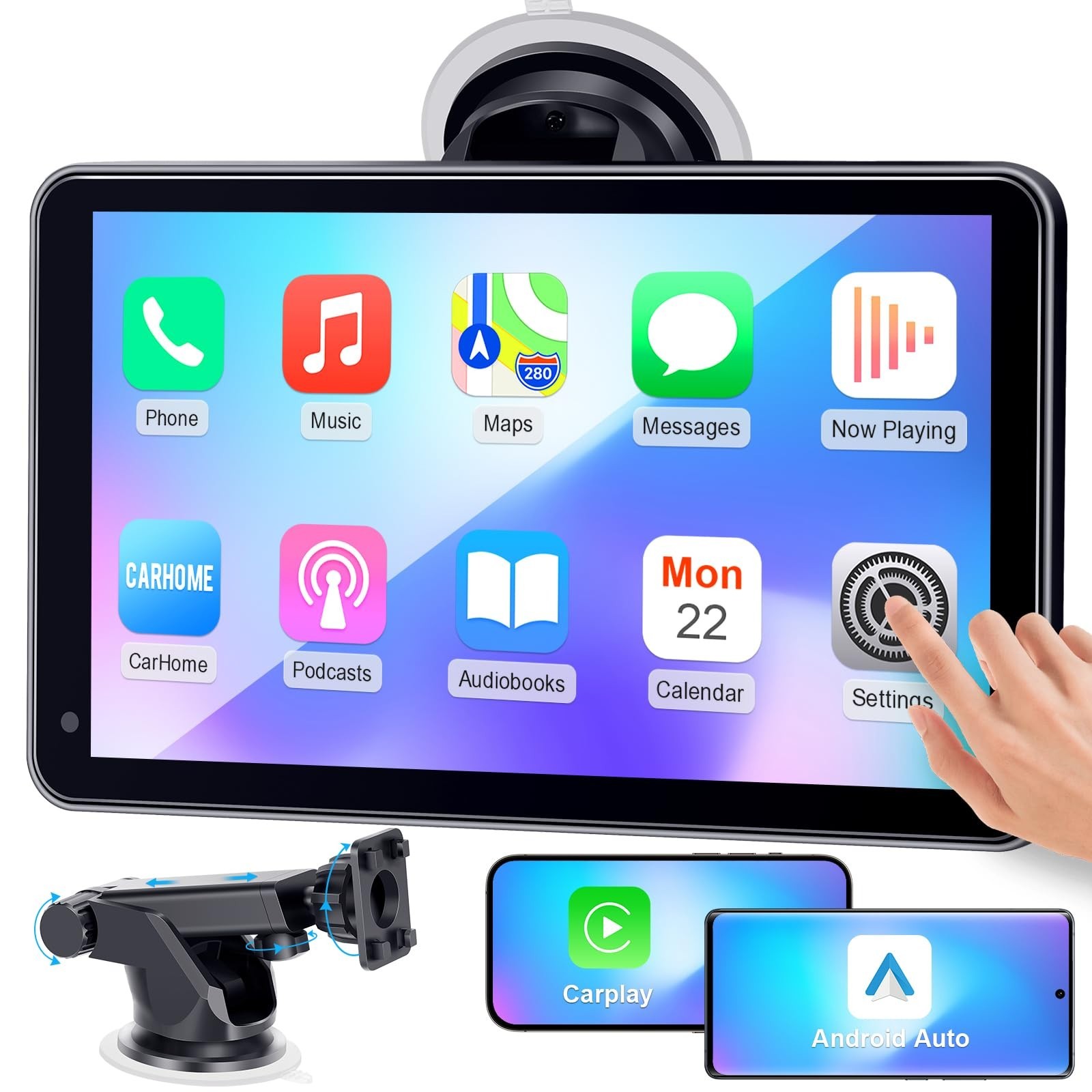 7-Inch HD 1080P Portable Wireless Carplay Screen – Easy Install, Voice Control,
