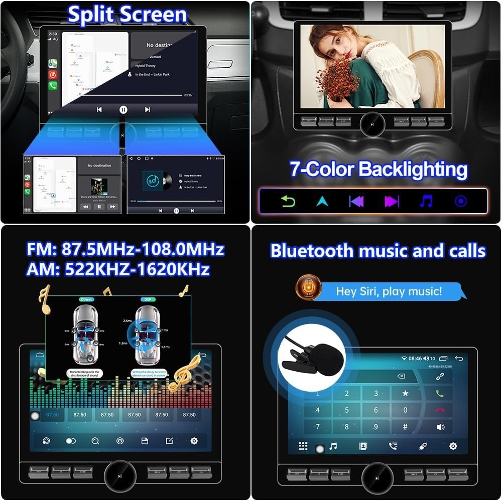 10.4″ Single 1DIN Wireless Apple CarPlay Car Stereo Rotatable Touch Screen Radio