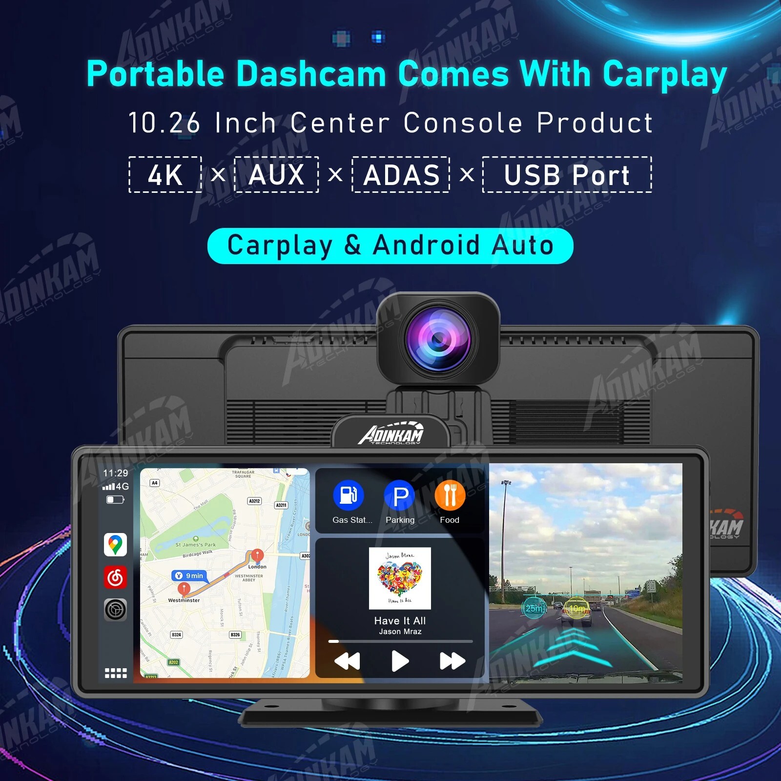 Portable Carplay screen for car with wireless carplay, android auto, bluetooth,