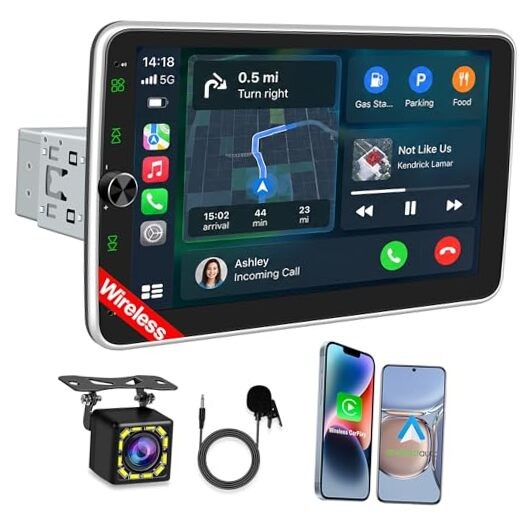 10.1 Inch Single DIN Car Stereo with Wireless CarPlay, Bluetooth 5.2, 720×1280