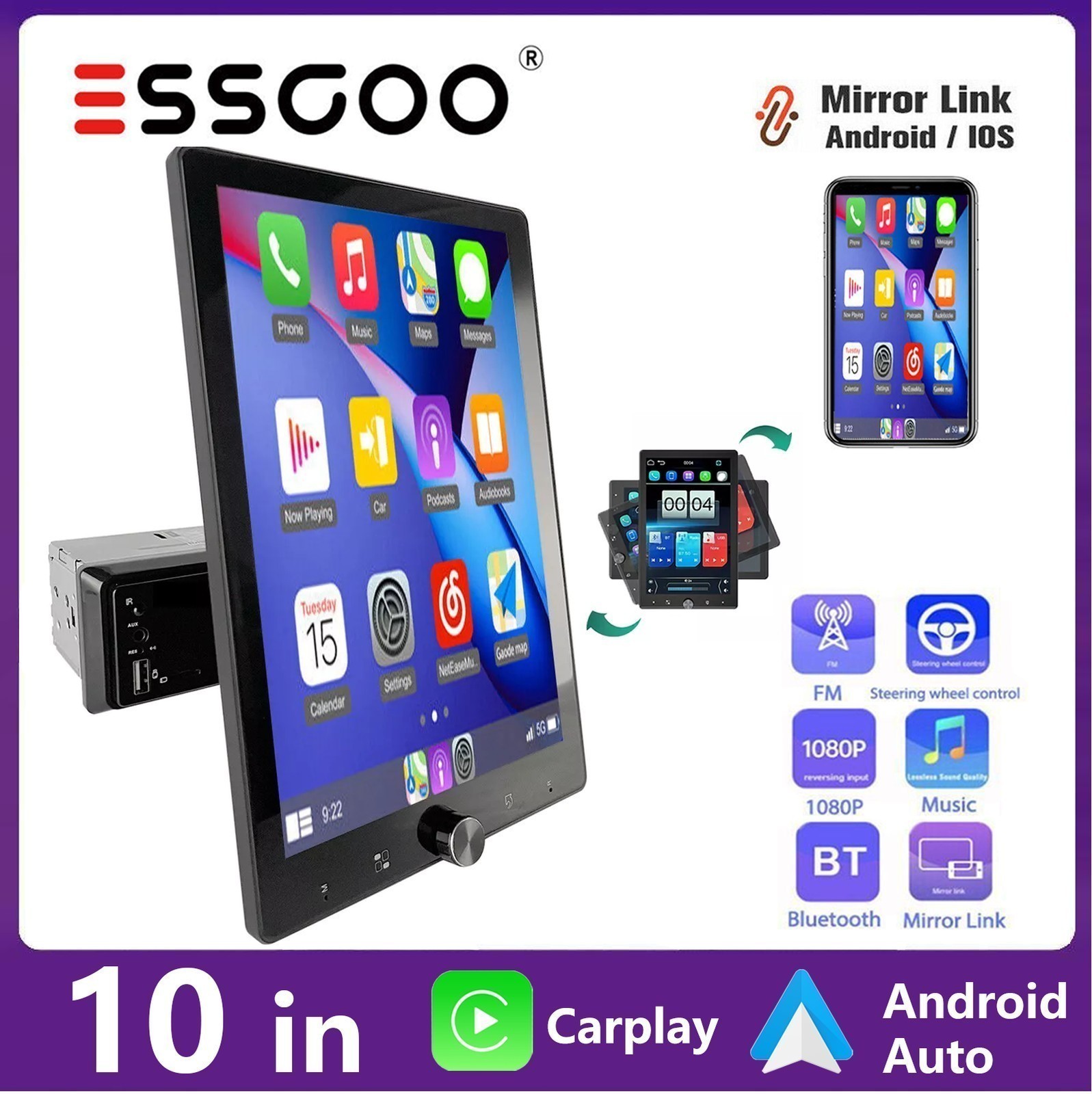 10″ Single 1 DIN Car Stereo Radio Wireless Apple Carplay Android Auto AUX USB BT