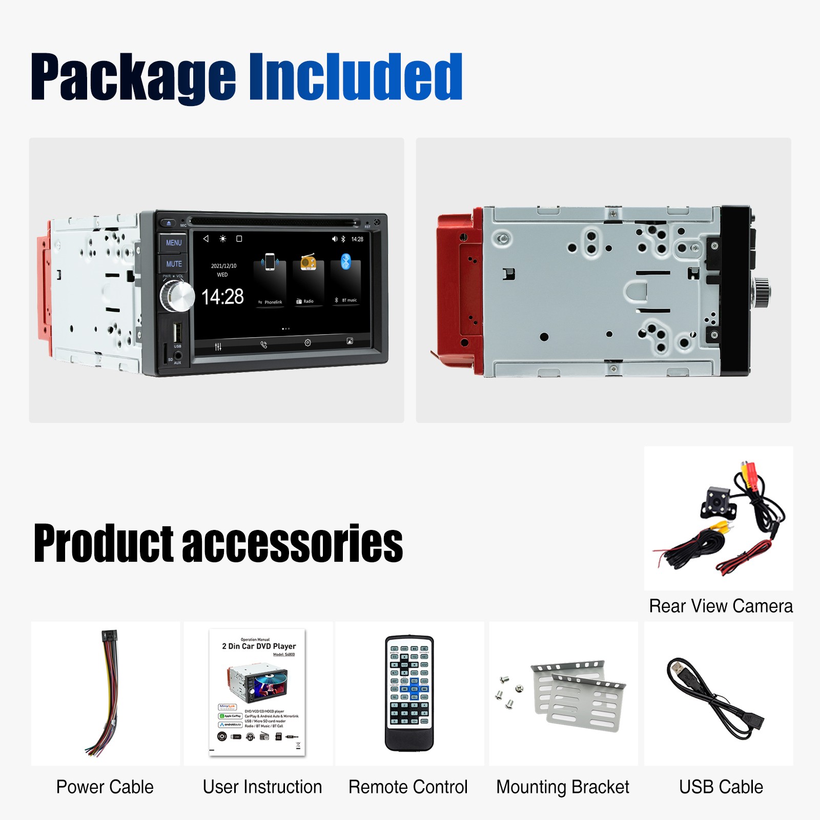 6.2″ 2 DIN Carplay Android Auto Stereo Radio CD DVD Player Bluetooth FM AM CAM