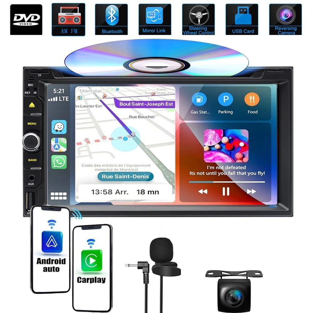Double Din Radio CD/DVD Player 7″ Bluetooth Touch Screen Car Stereo CarPlay GPS