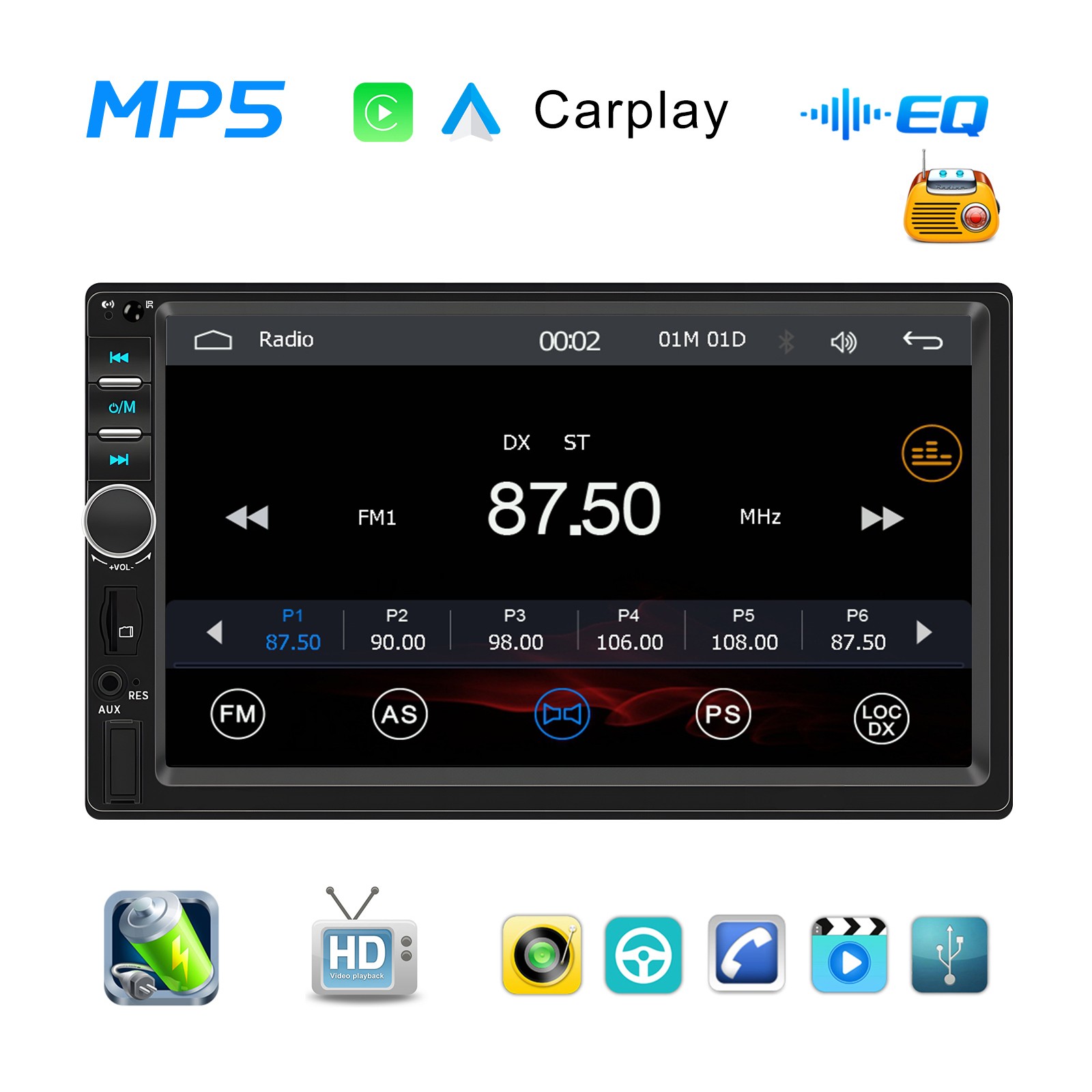 Double Din Apple Carplay Android Auto 7″ Car Stereo Radio Bluetooth Touch Screen