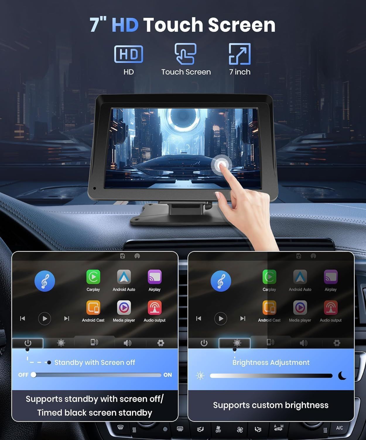 Podofo Portable Car Stereo Wireless Carplay Android Auto,7 Inch Touch Screen Car