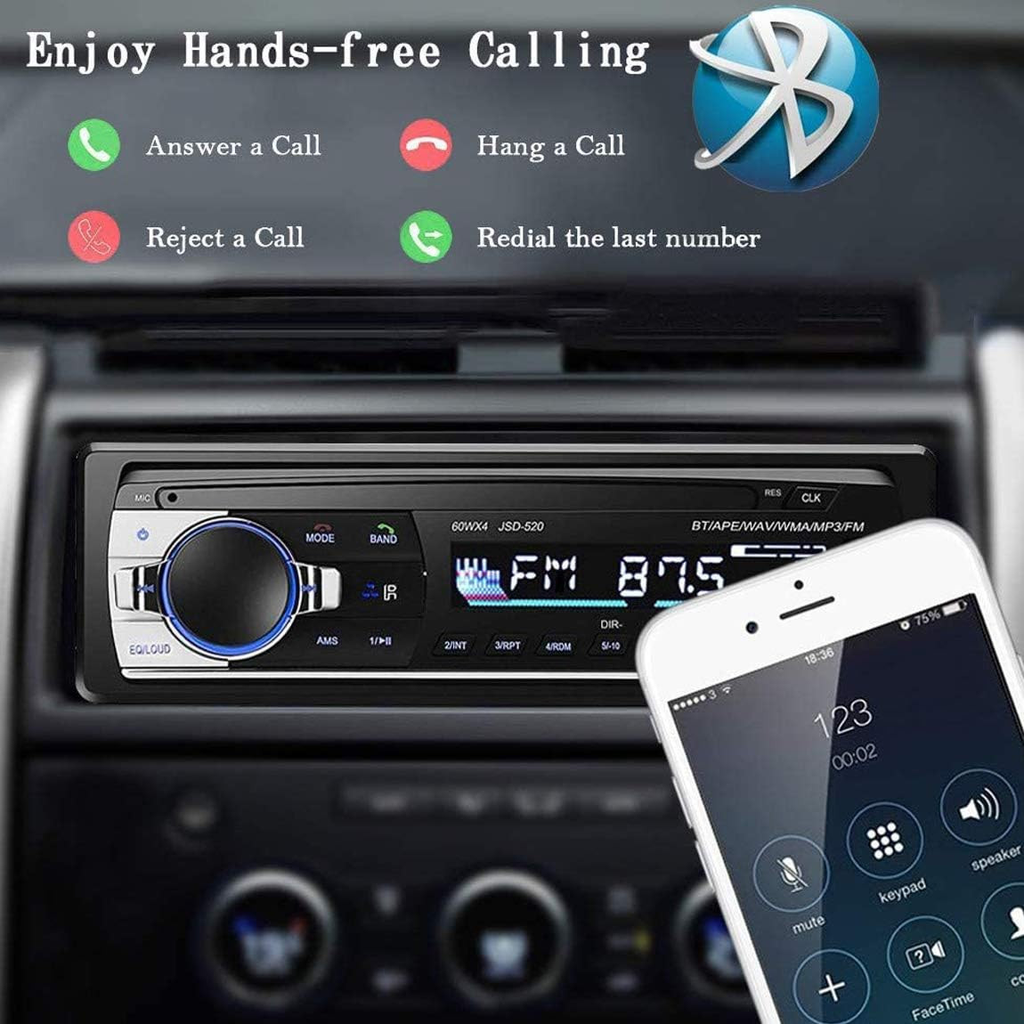 Single Din Car Stereo Receiver Bluetooth Hands-Free, 12V MP3 Audio Player
