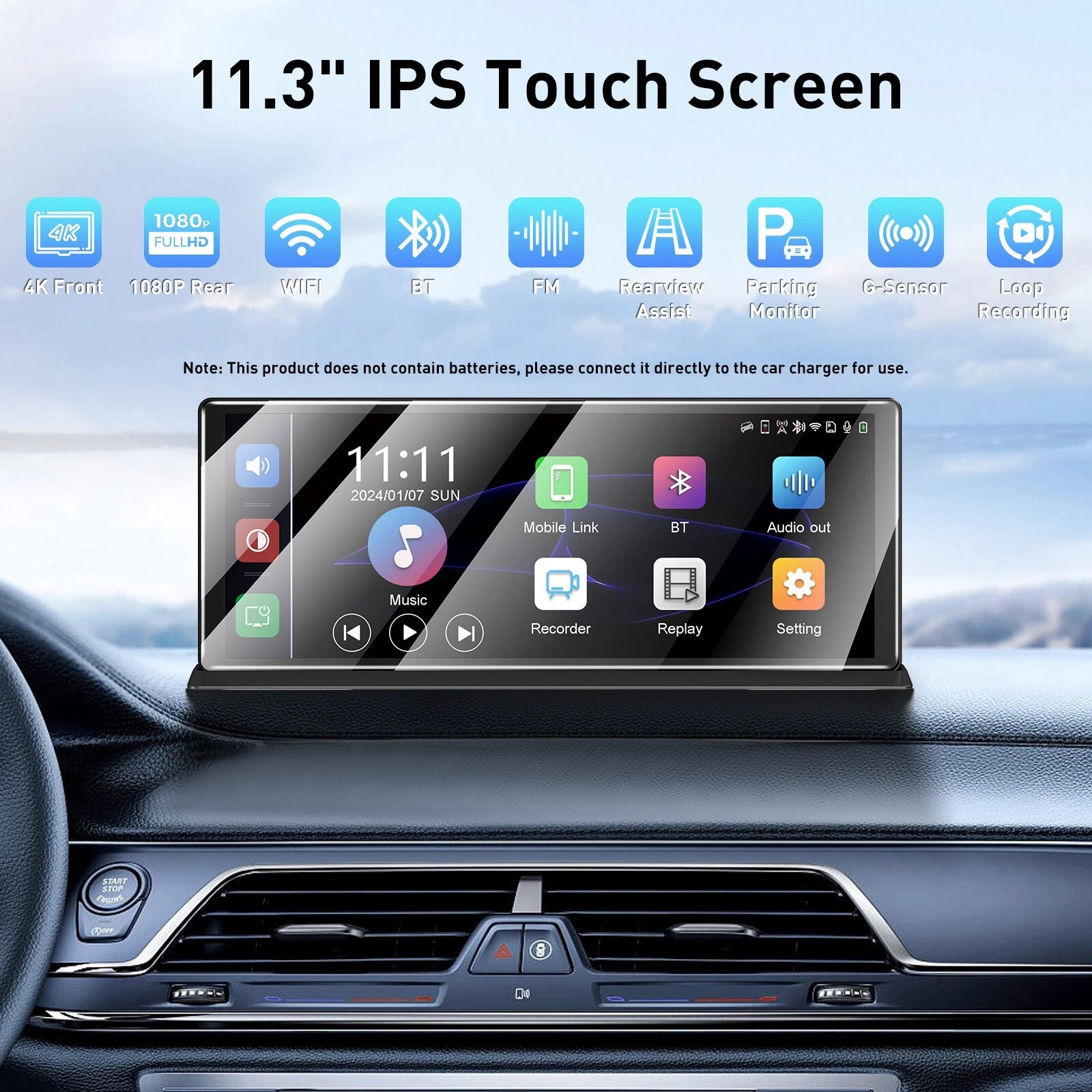 11.3 inch Car Multimedia Player Wireless Carplay Android Auto Dash Cam Videofm