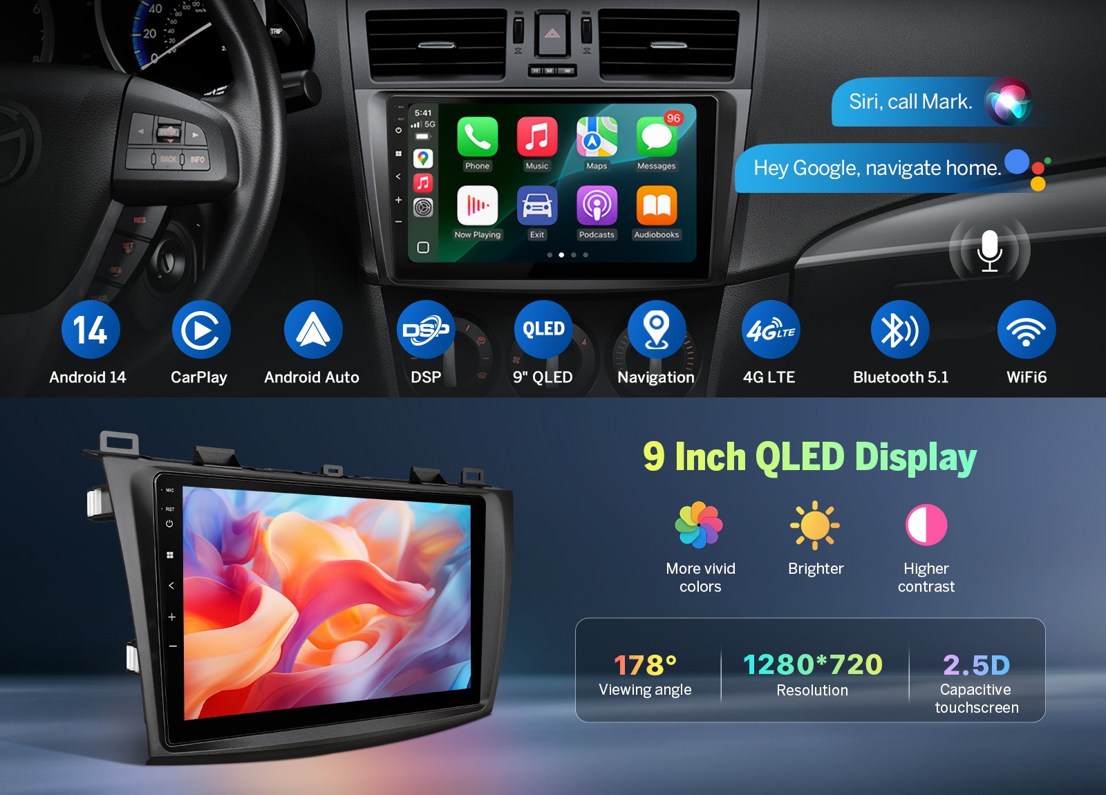9 inch QLED 6+64GB Android 14 Car Stereo CarPlay for Mazda Mazdaspeed3 2010-2013