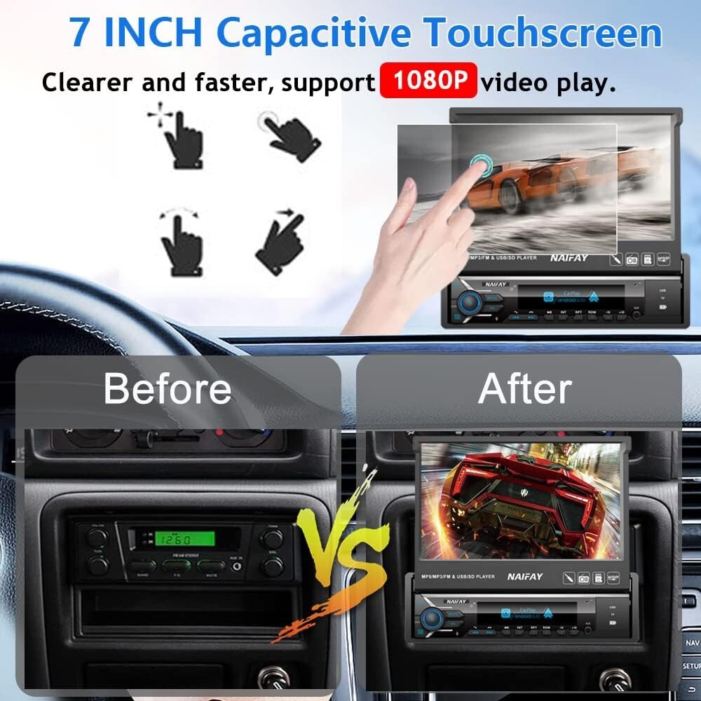 Naifay Single Din Touchscreen Car Stereo with Carplay & Android Auto, 7inch Flip