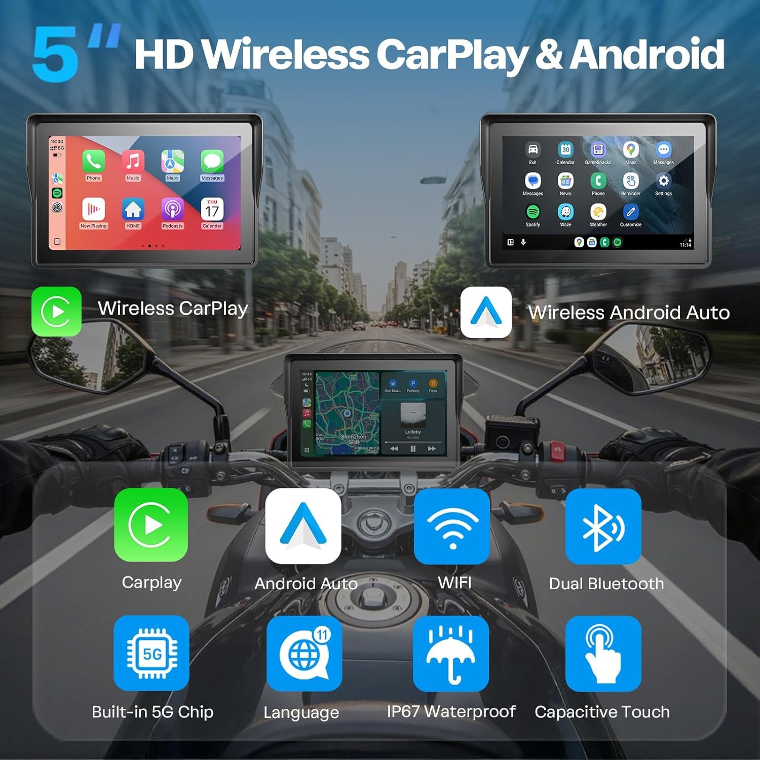 5Inch Motorcycle Wireless Carplay Apple Android GPS Navigation Google Assistant