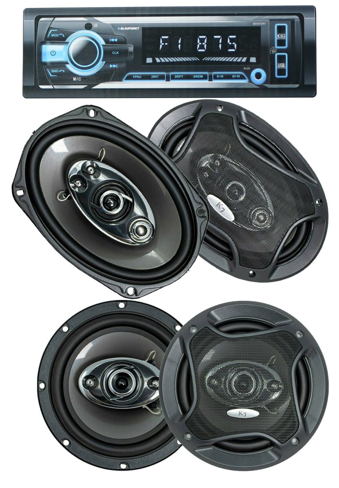 Blaupunkt 1-Din Car Bluetooth FM Digital Media Receiver + 6×9″ and 6.5″ Speakers